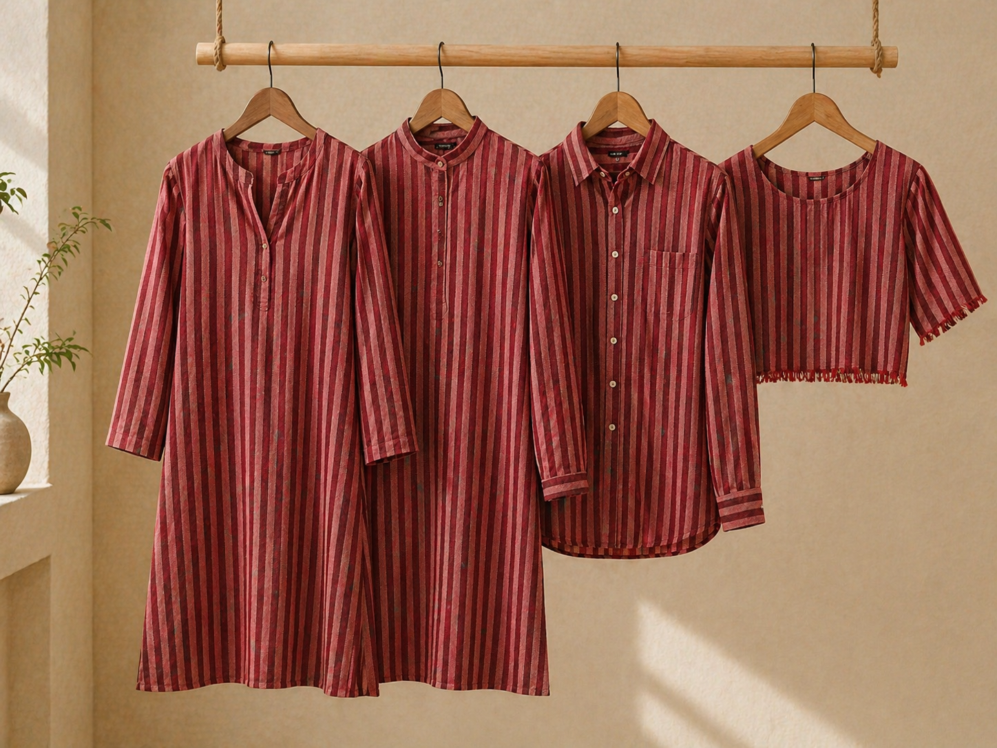Pure Cotton Handloom Woven Fabric — Maroon | Stripe | 44 Inch
