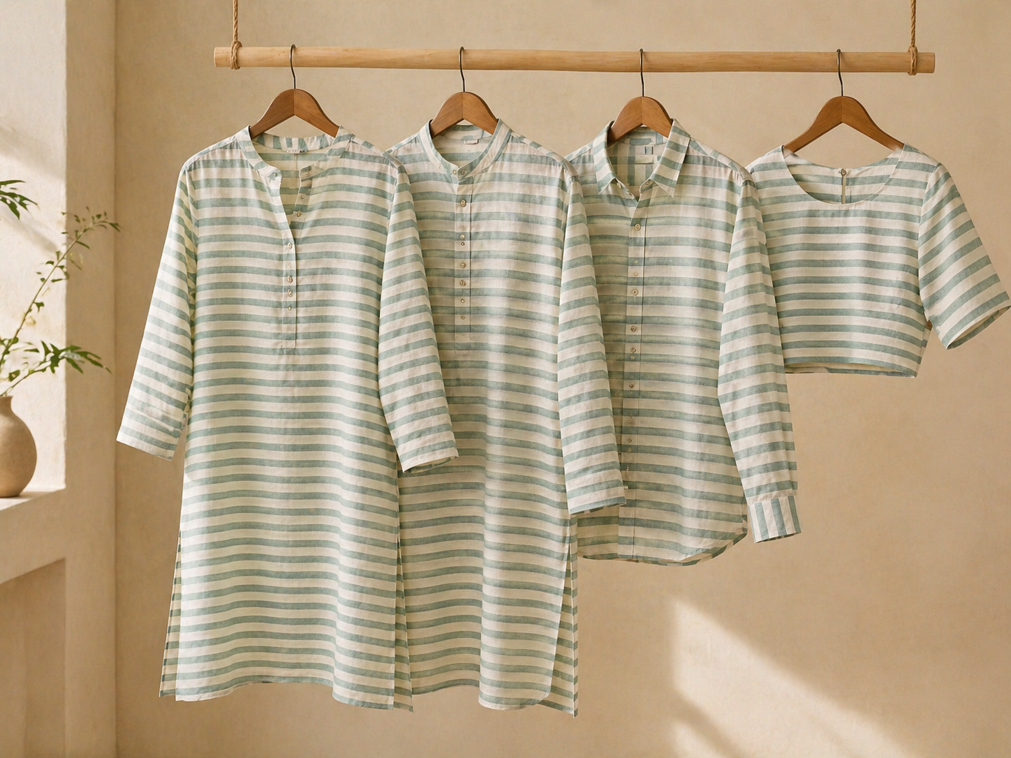 Pure Cotton Handloom Woven Fabric — Sea Green | Stripe | 44 Inch