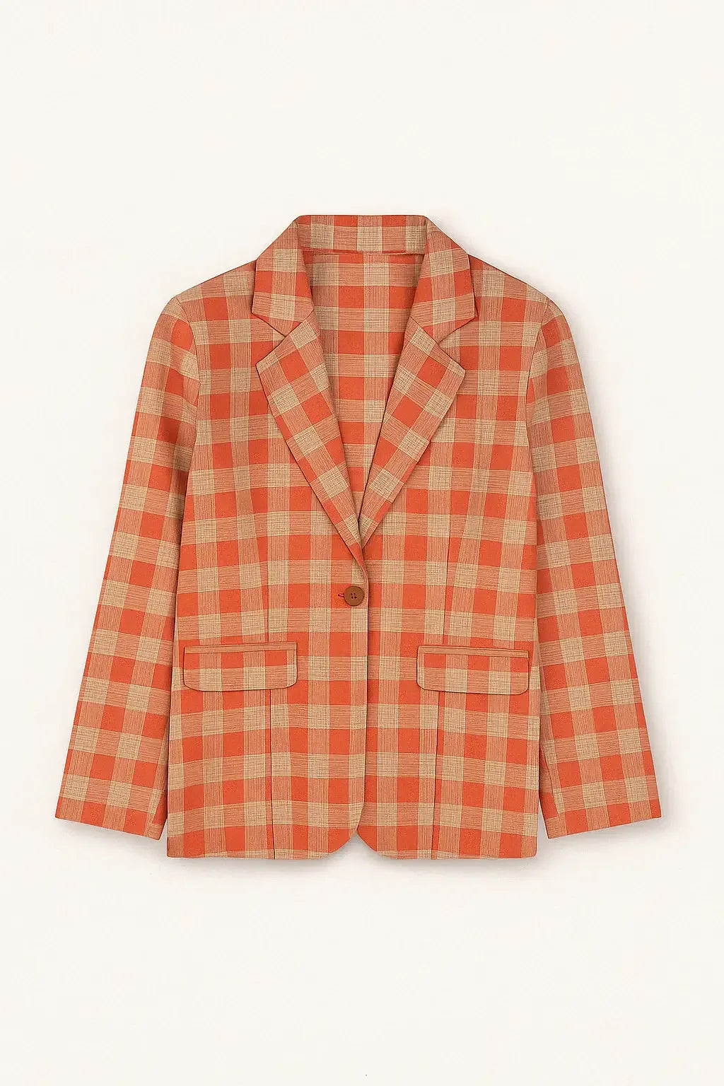 Orange and beige checked blazer with single button and front pockets on white background