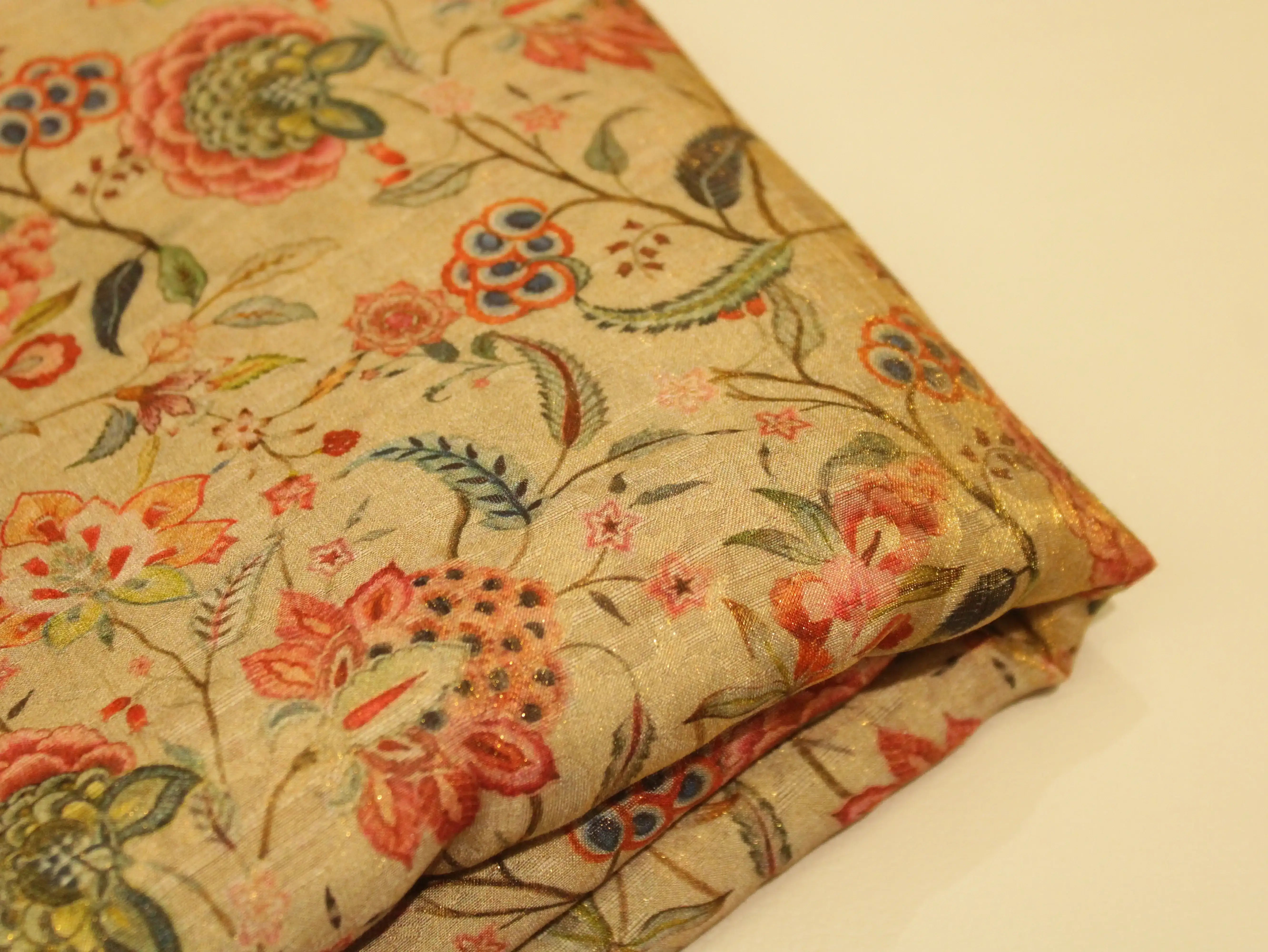 Pure Raw Silk Kalamkari Digital Print Fabric with Subtle Shine