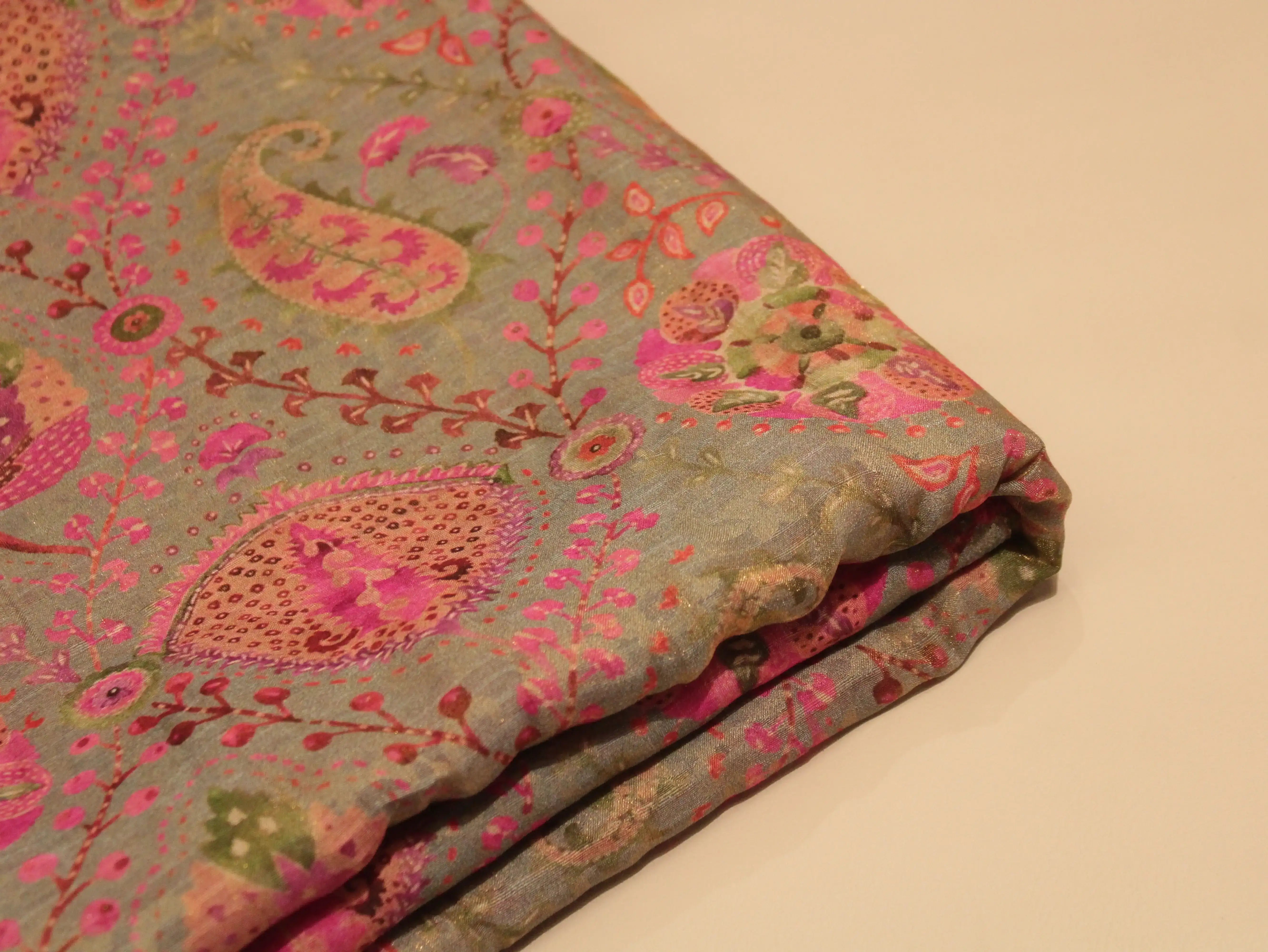 Pure Raw Silk Kalamkari Digital Print Fabric with Subtle Shine