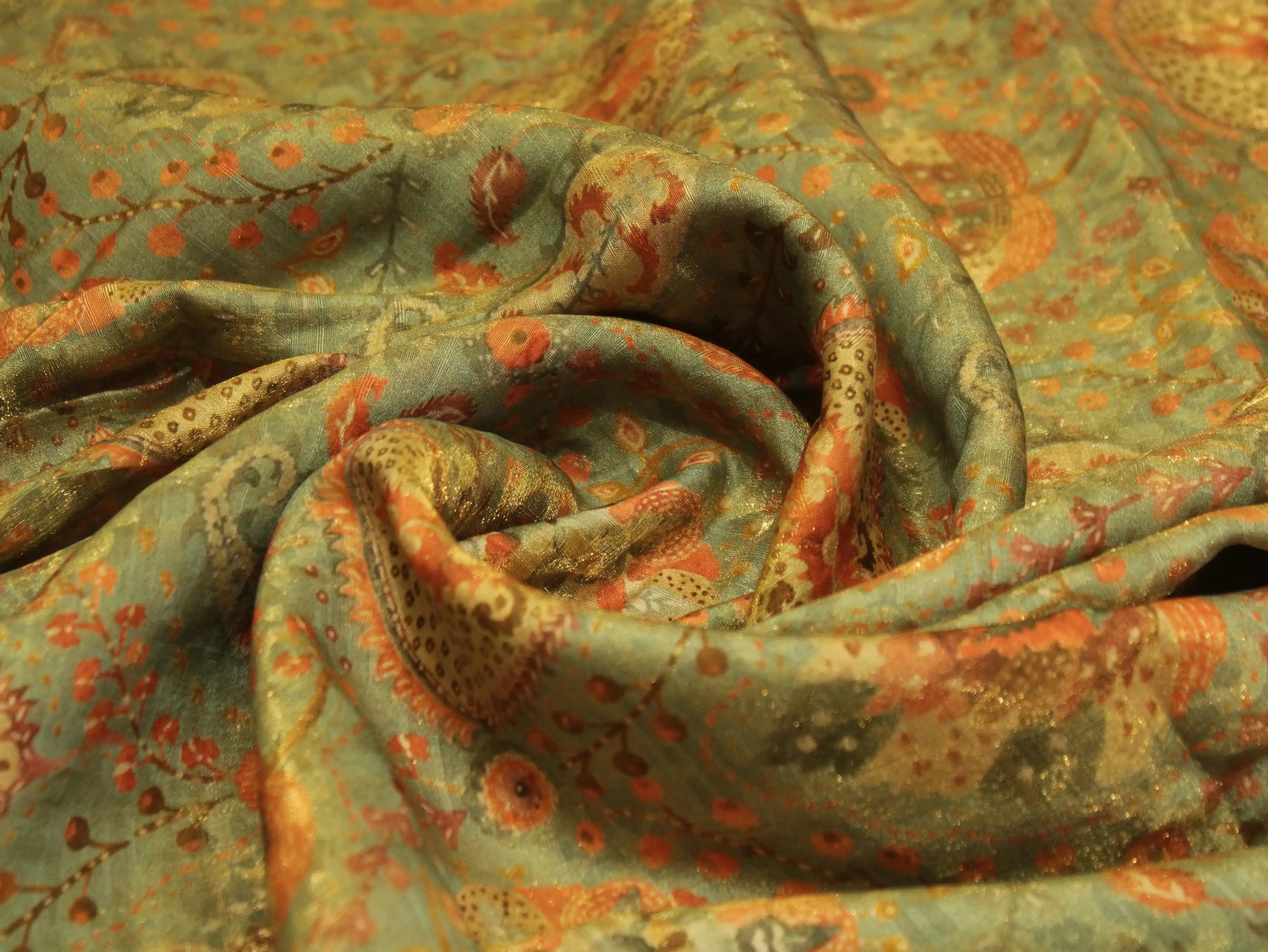 Pure Raw Silk Kalamkari Digital Print Fabric with Subtle Shine