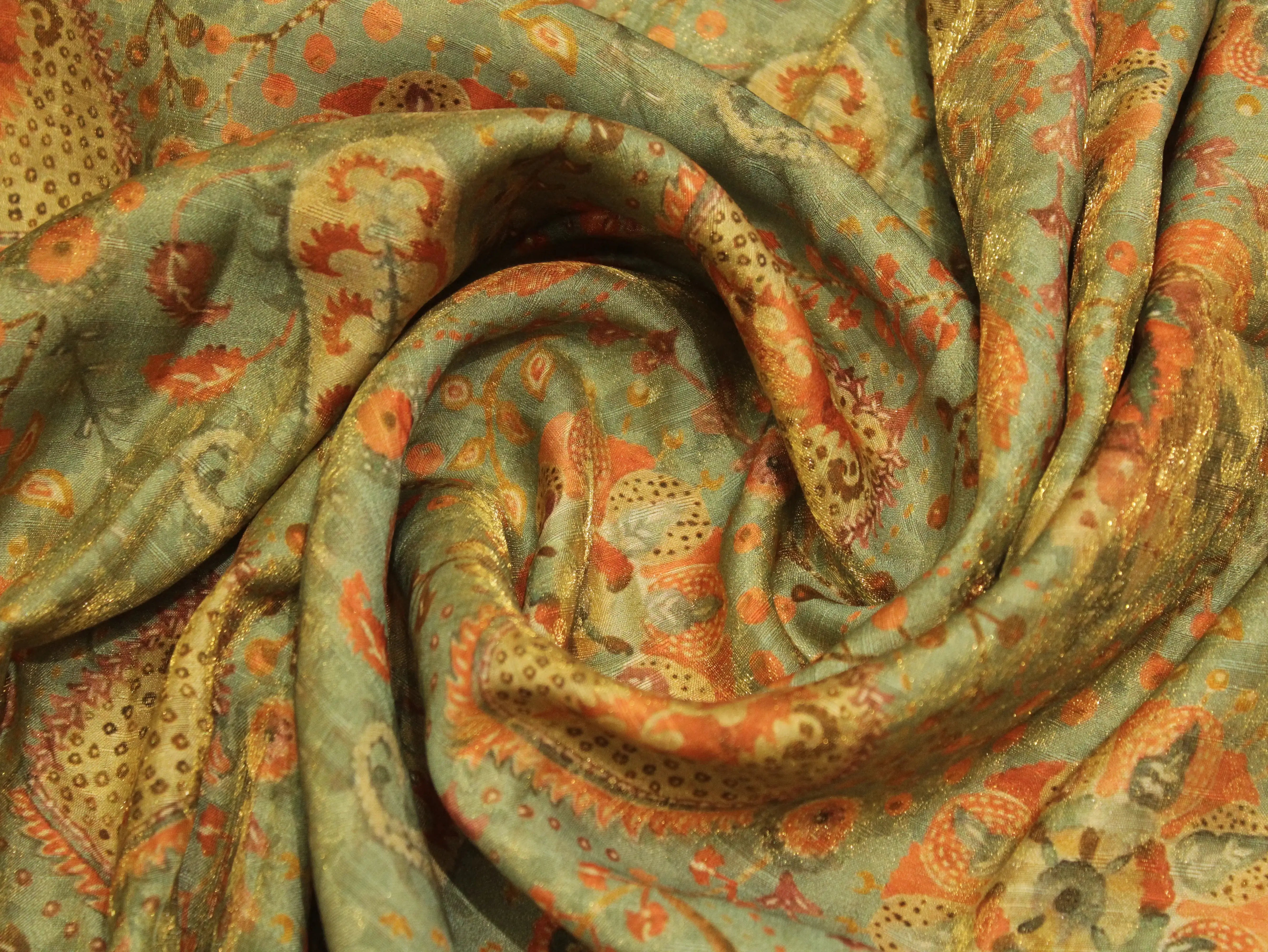 Pure Raw Silk Kalamkari Digital Print Fabric with Subtle Shine