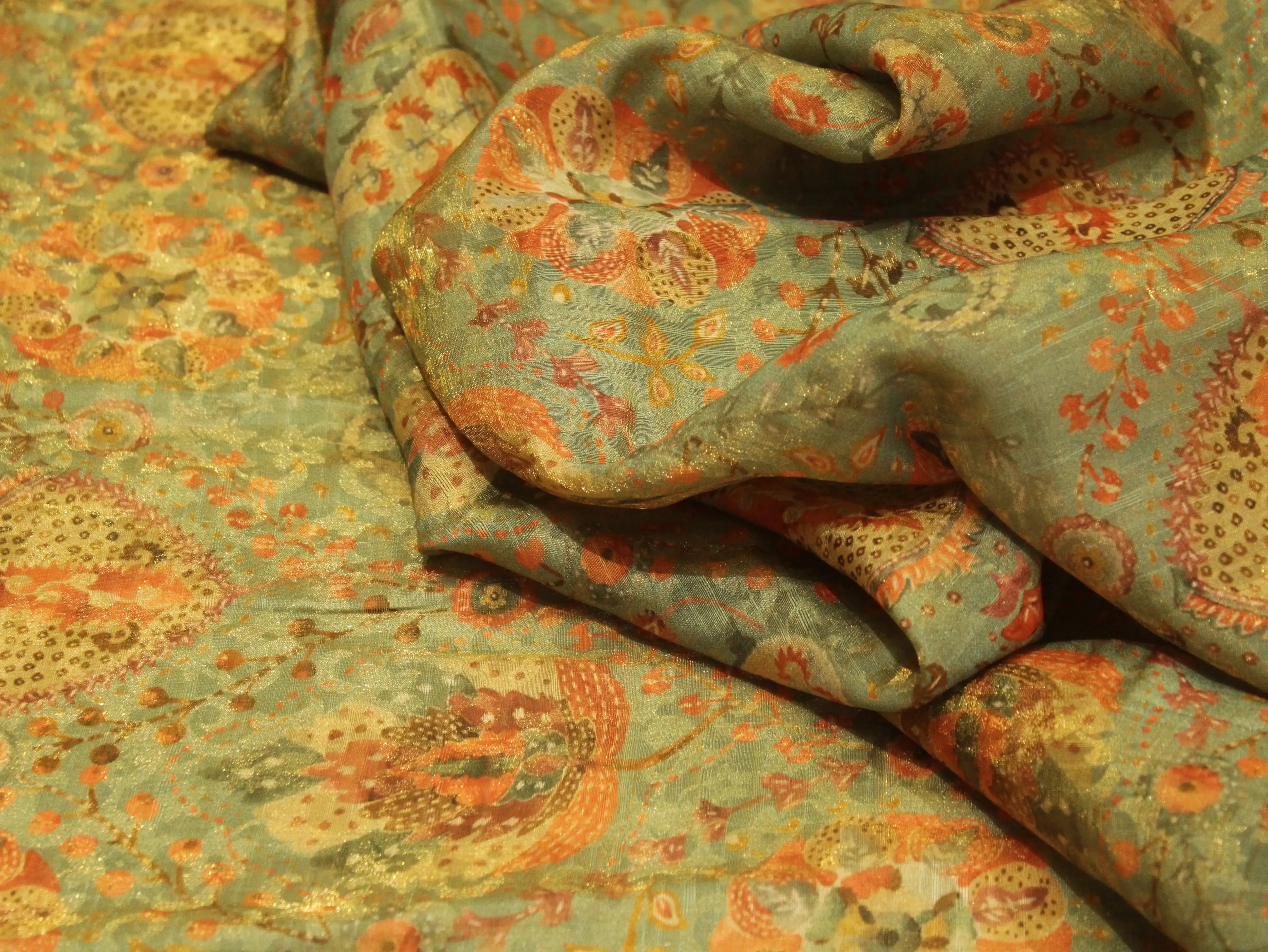 Pure Raw Silk Kalamkari Digital Print Fabric with Subtle Shine