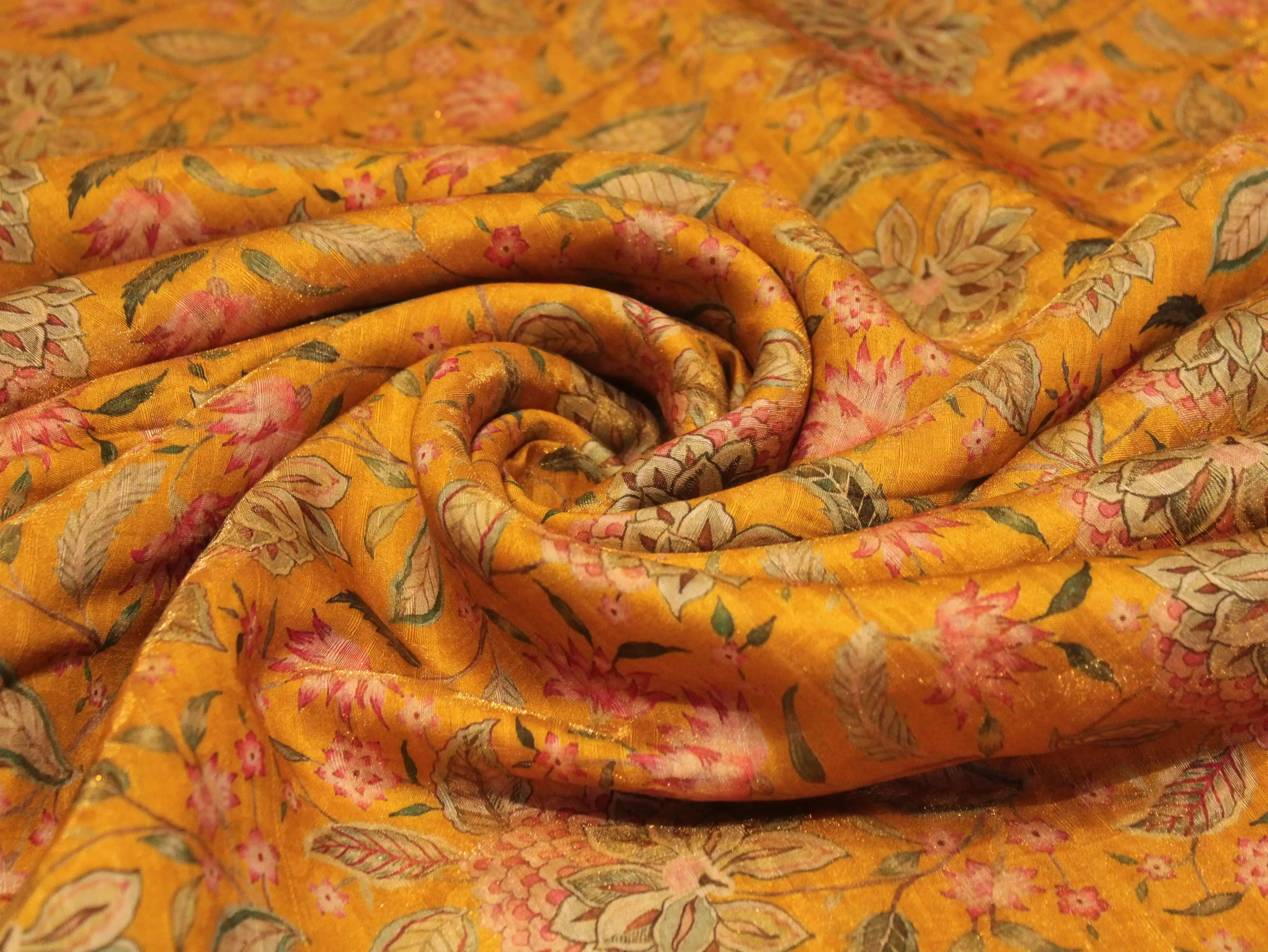 Pure Raw Silk Kalamkari Digital Print Fabric with Subtle Shine