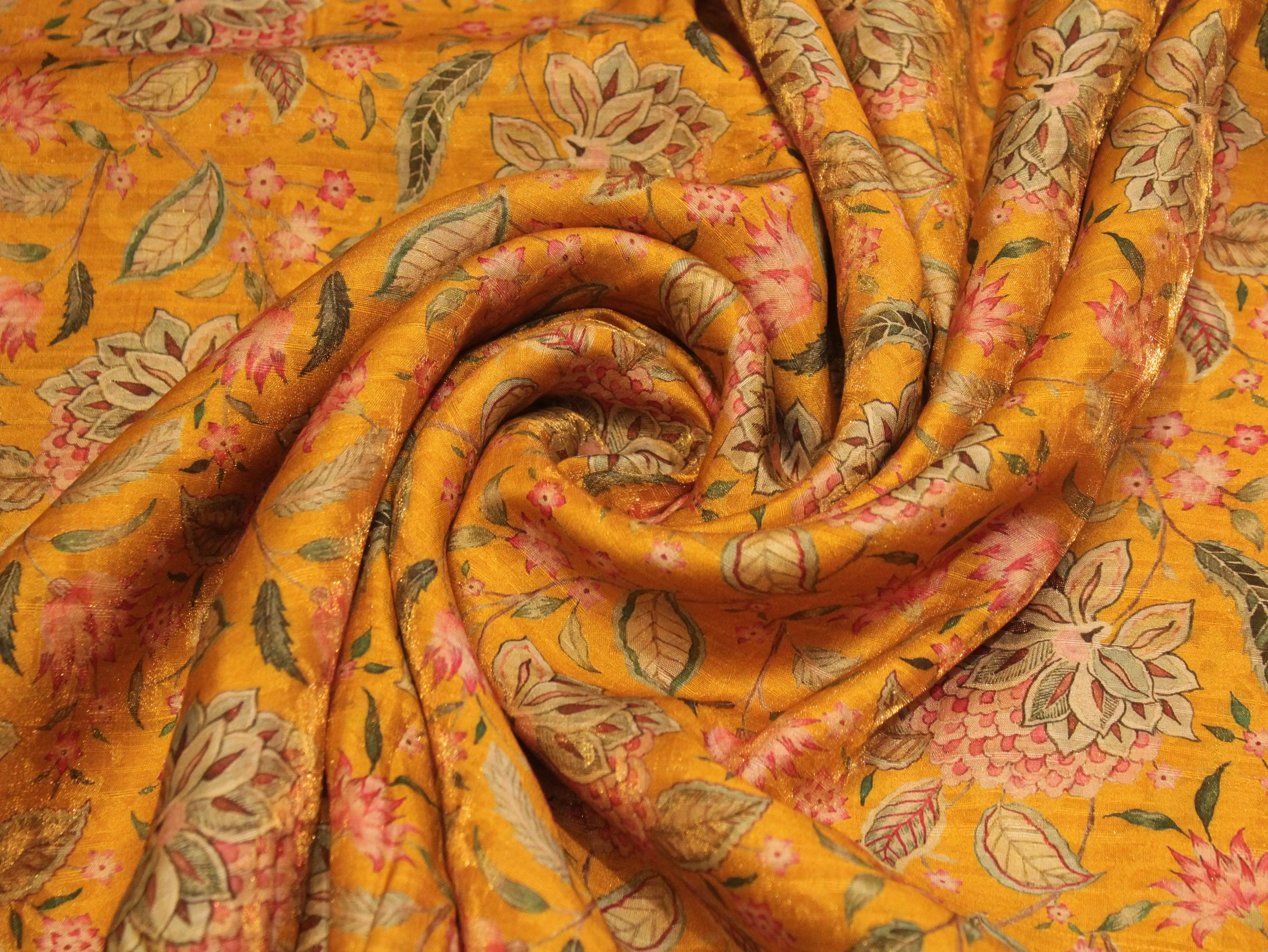 Pure Raw Silk Kalamkari Digital Print Fabric with Subtle Shine