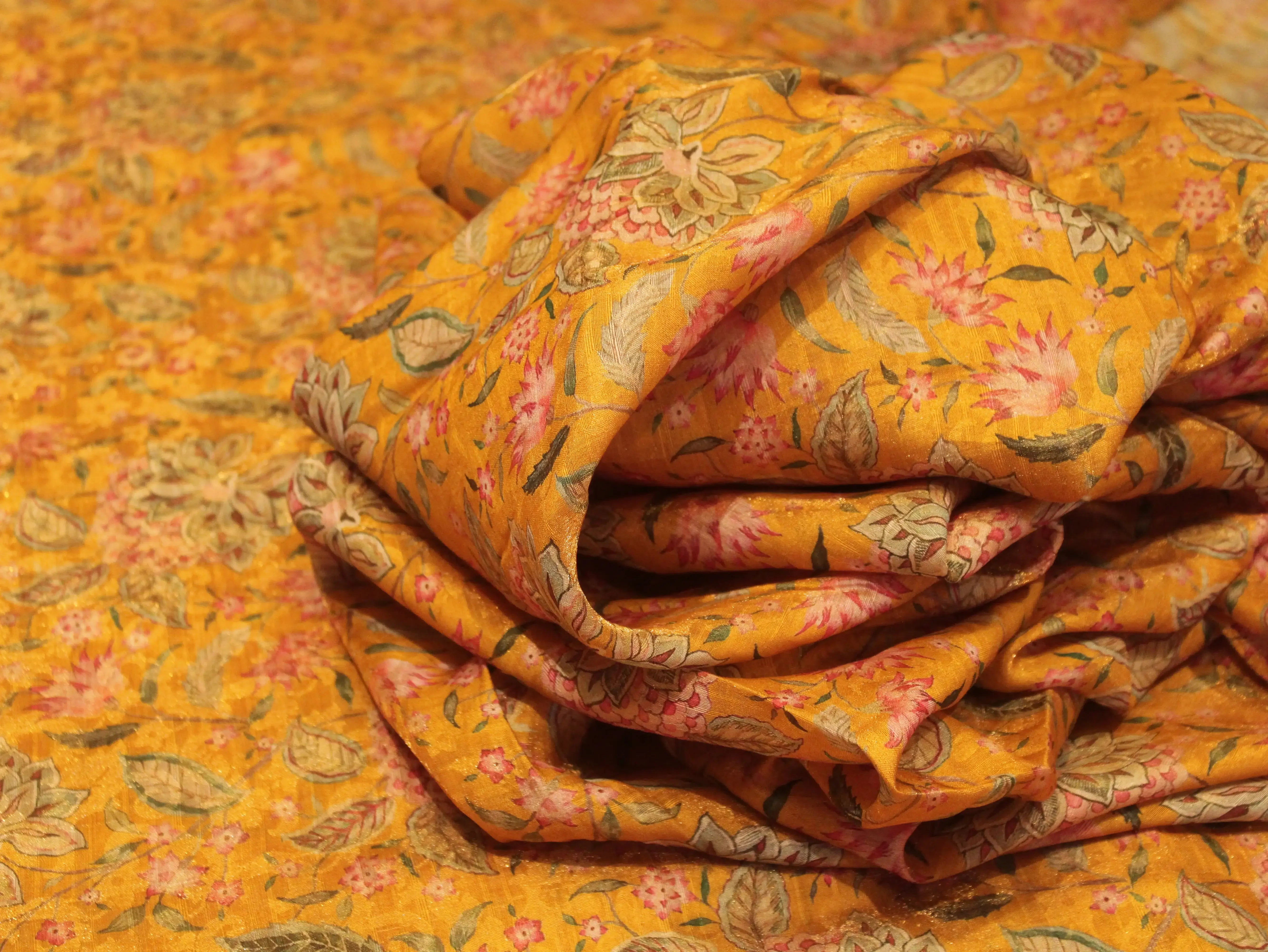 Pure Raw Silk Kalamkari Digital Print Fabric with Subtle Shine - M'Foks