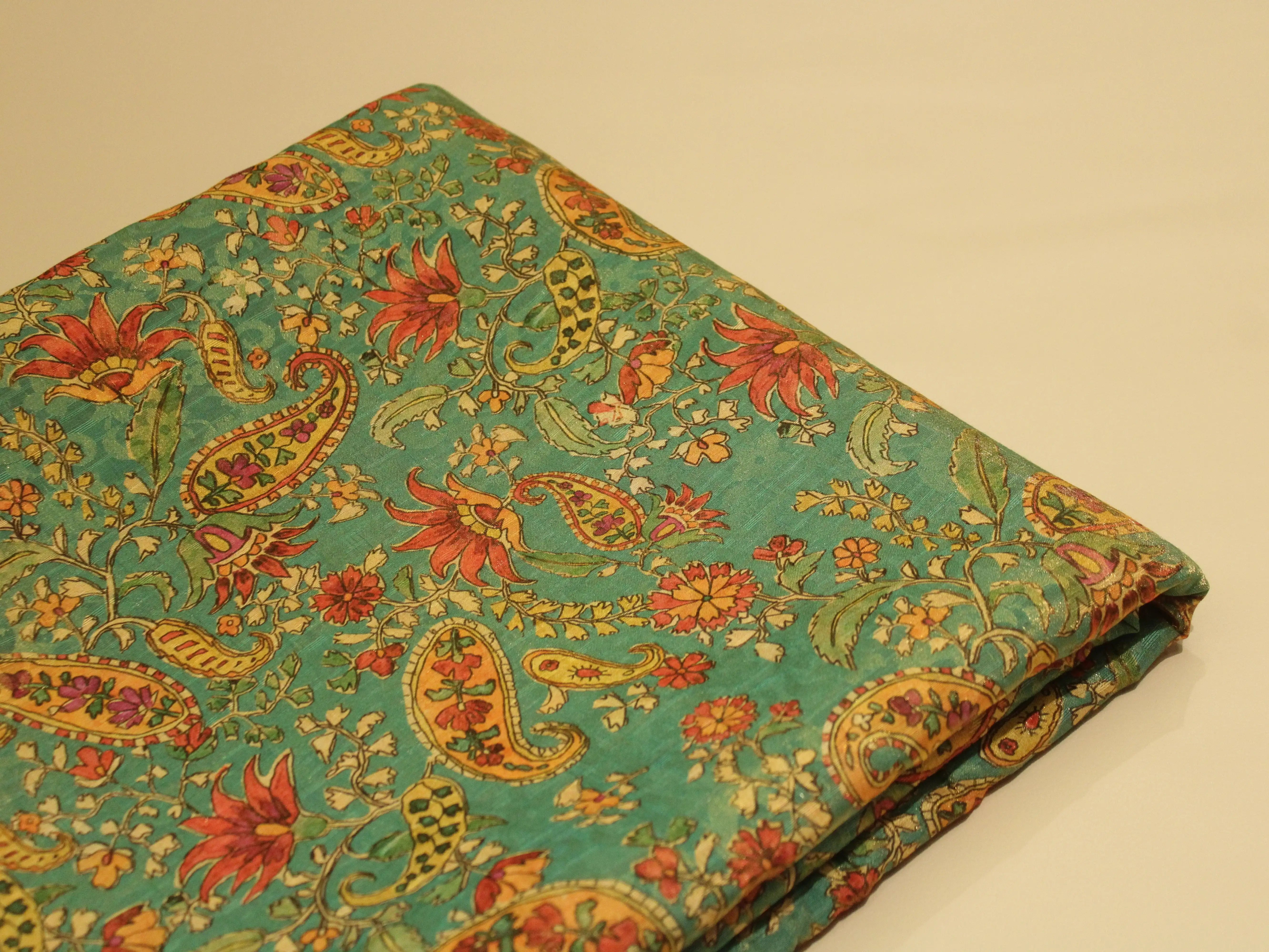 Pure Raw Silk Kalamkari Digital Print Fabric with Subtle Shine
