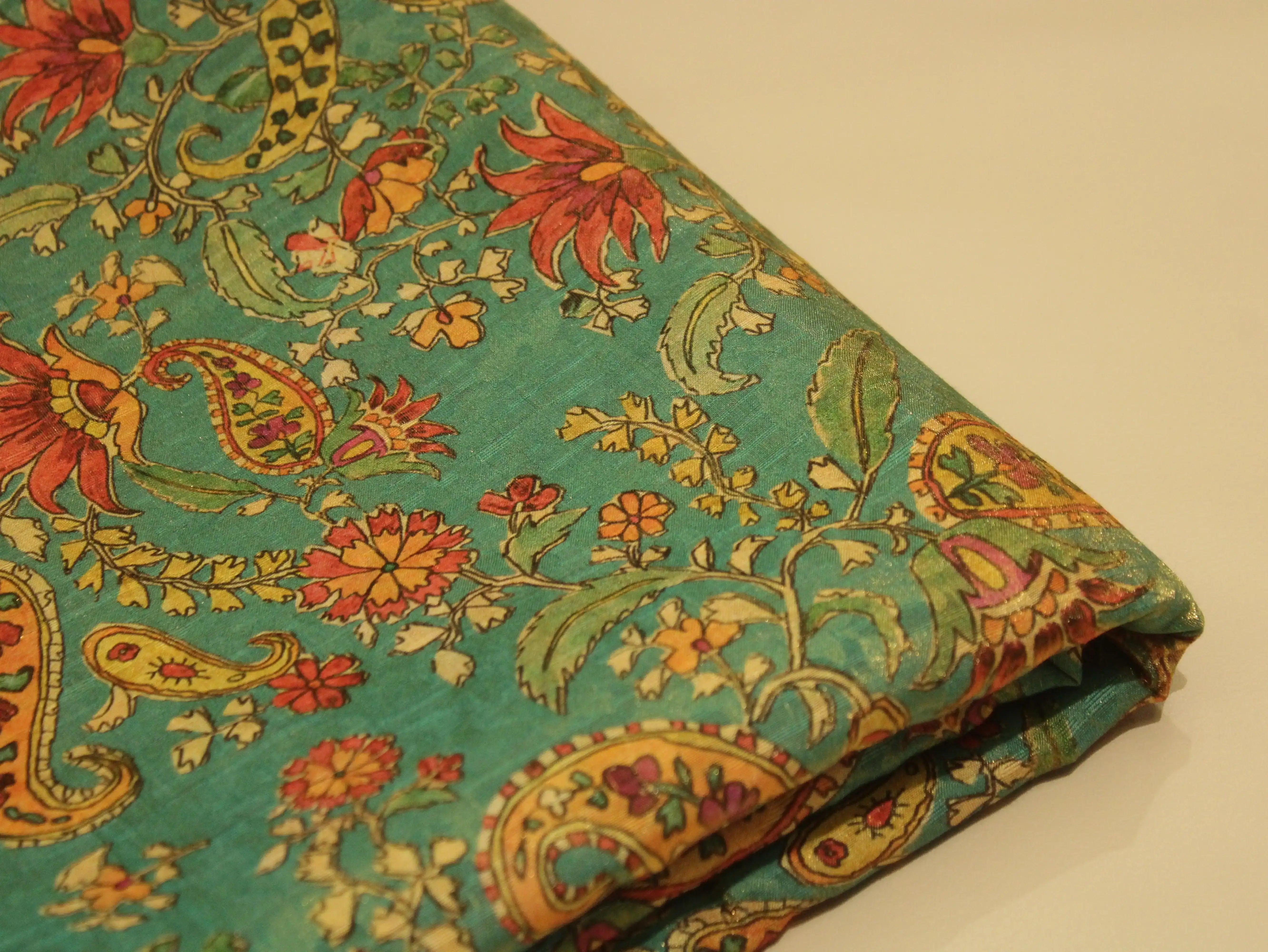 Pure Raw Silk Kalamkari Digital Print Fabric with Subtle Shine