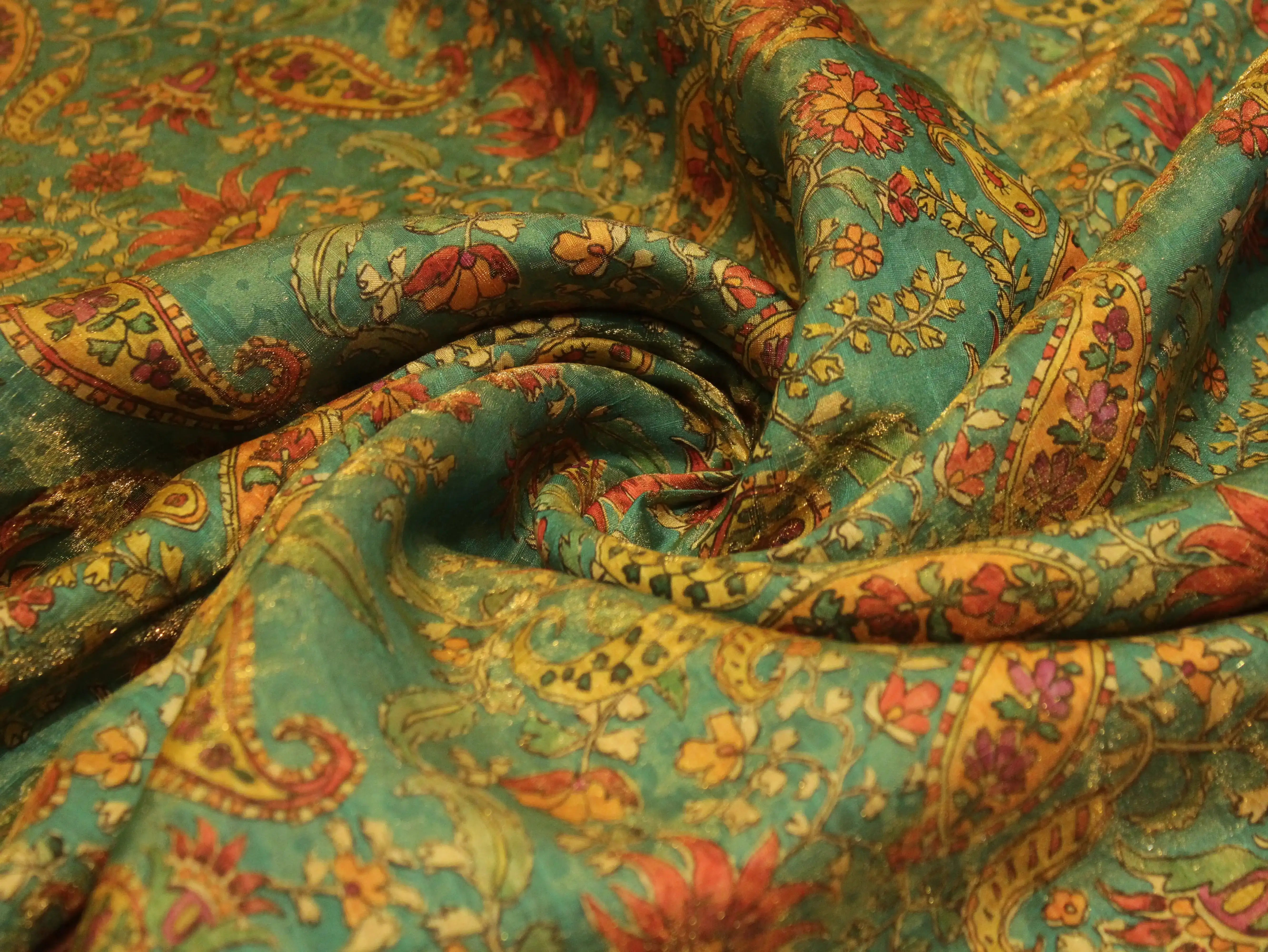 Pure Raw Silk Kalamkari Digital Print Fabric with Subtle Shine