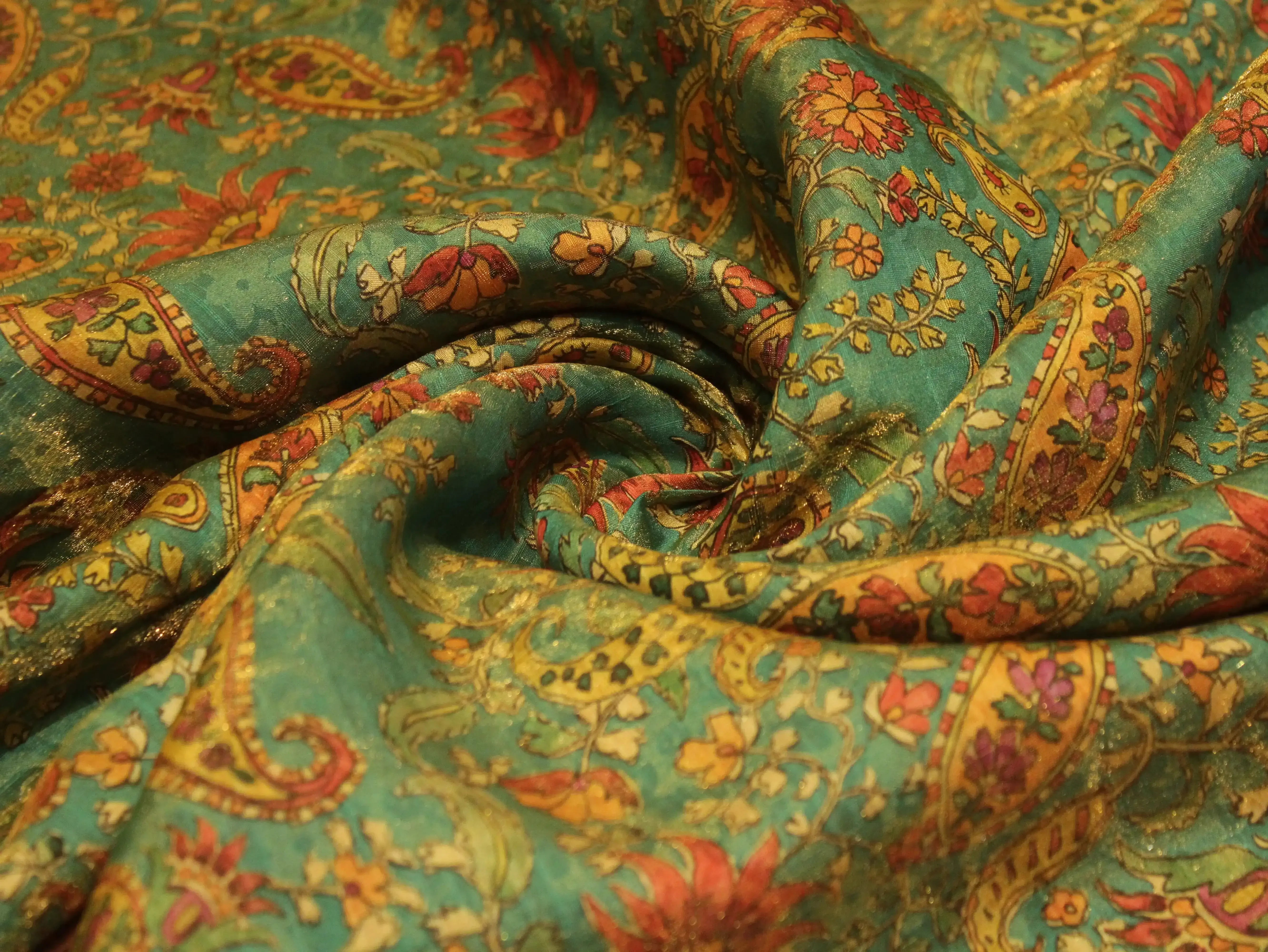 Pure Raw Silk Kalamkari Digital Print Fabric with Subtle Shine - M'Foks
