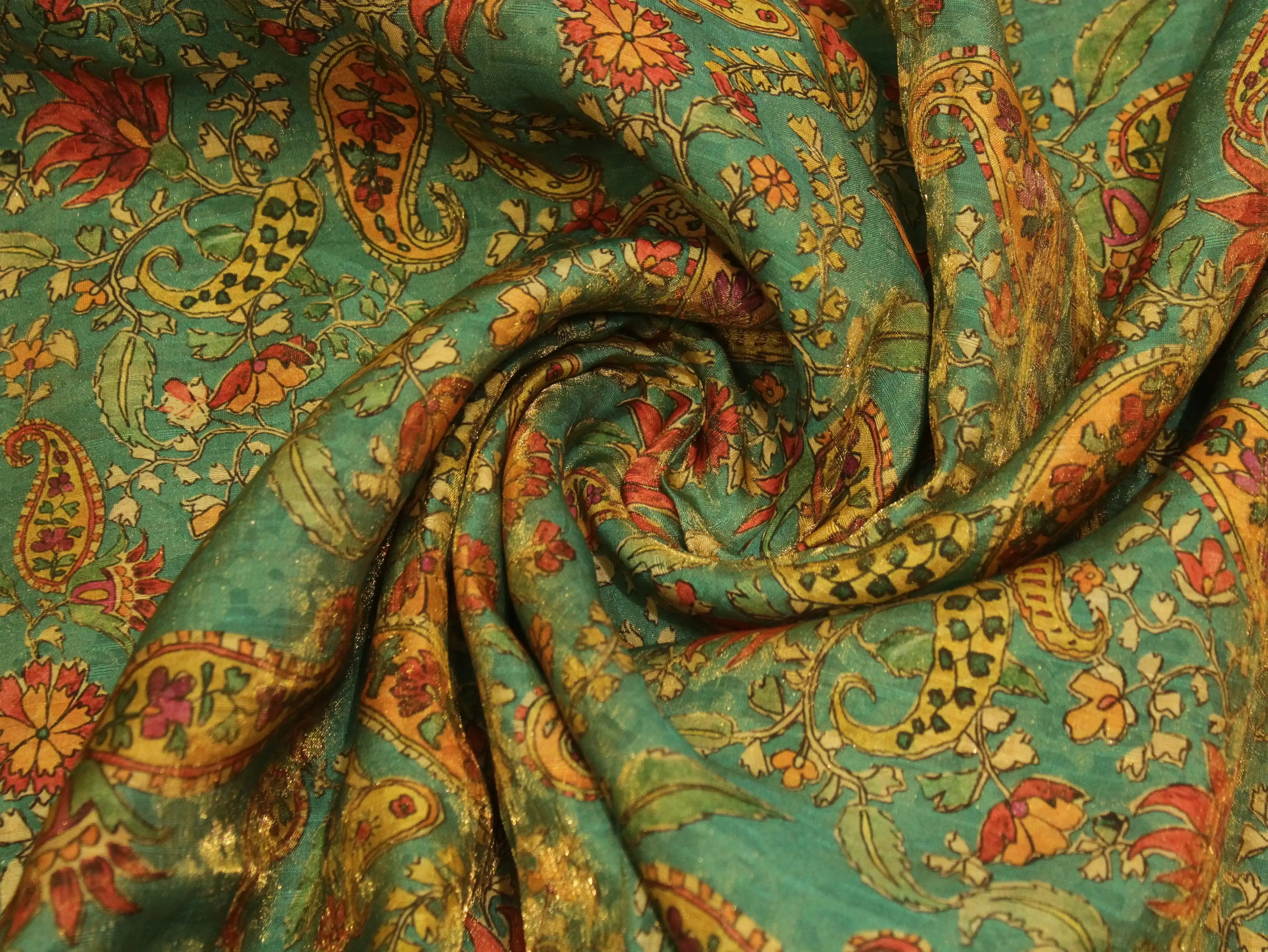 Pure Raw Silk Kalamkari Digital Print Fabric with Subtle Shine - M'Foks