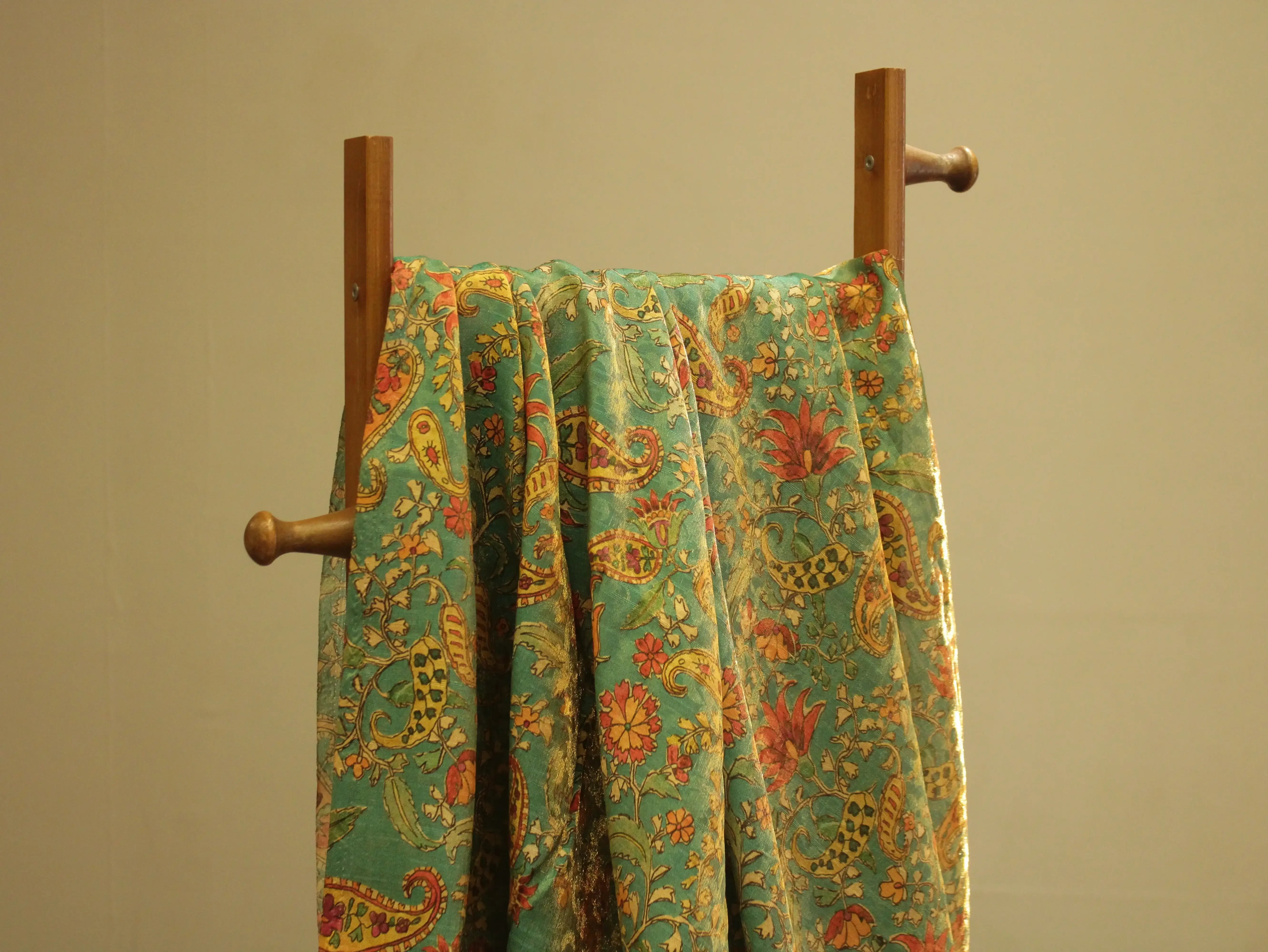 Pure Raw Silk Kalamkari Digital Print Fabric with Subtle Shine - M'Foks