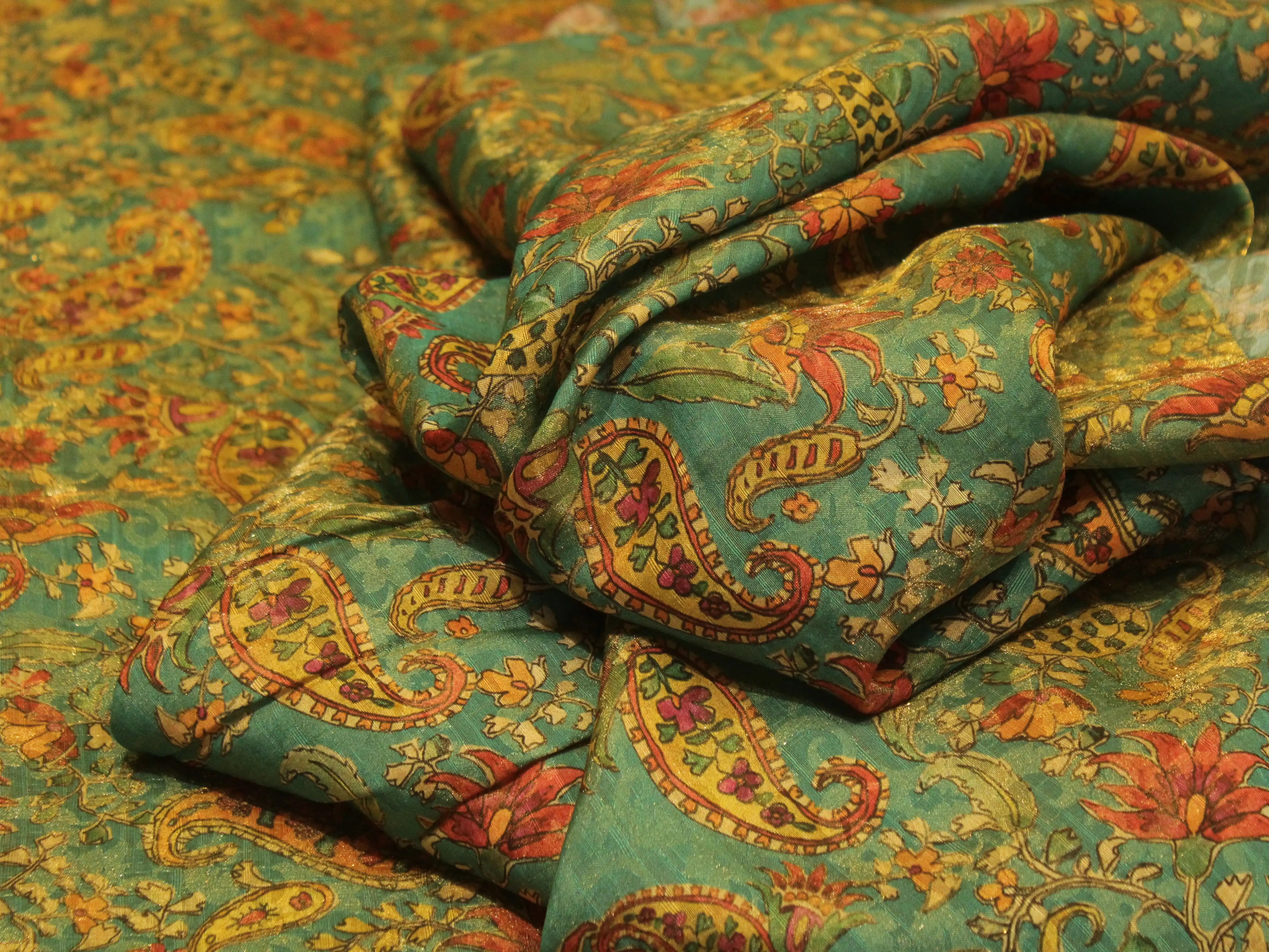 Pure Raw Silk Kalamkari Digital Print Fabric with Subtle Shine