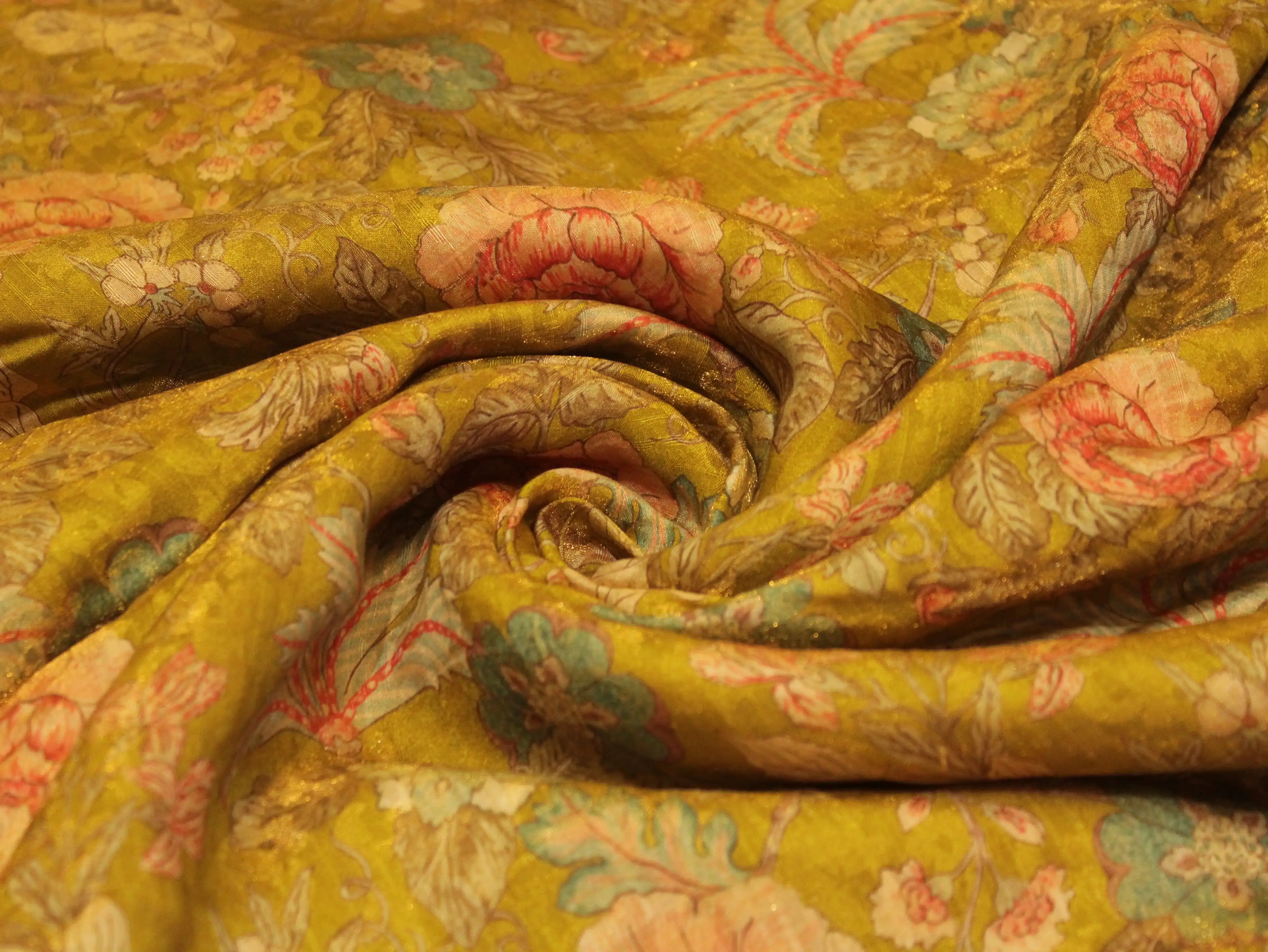 Pure Raw Silk Kalamkari Digital Print Fabric with Subtle Shine