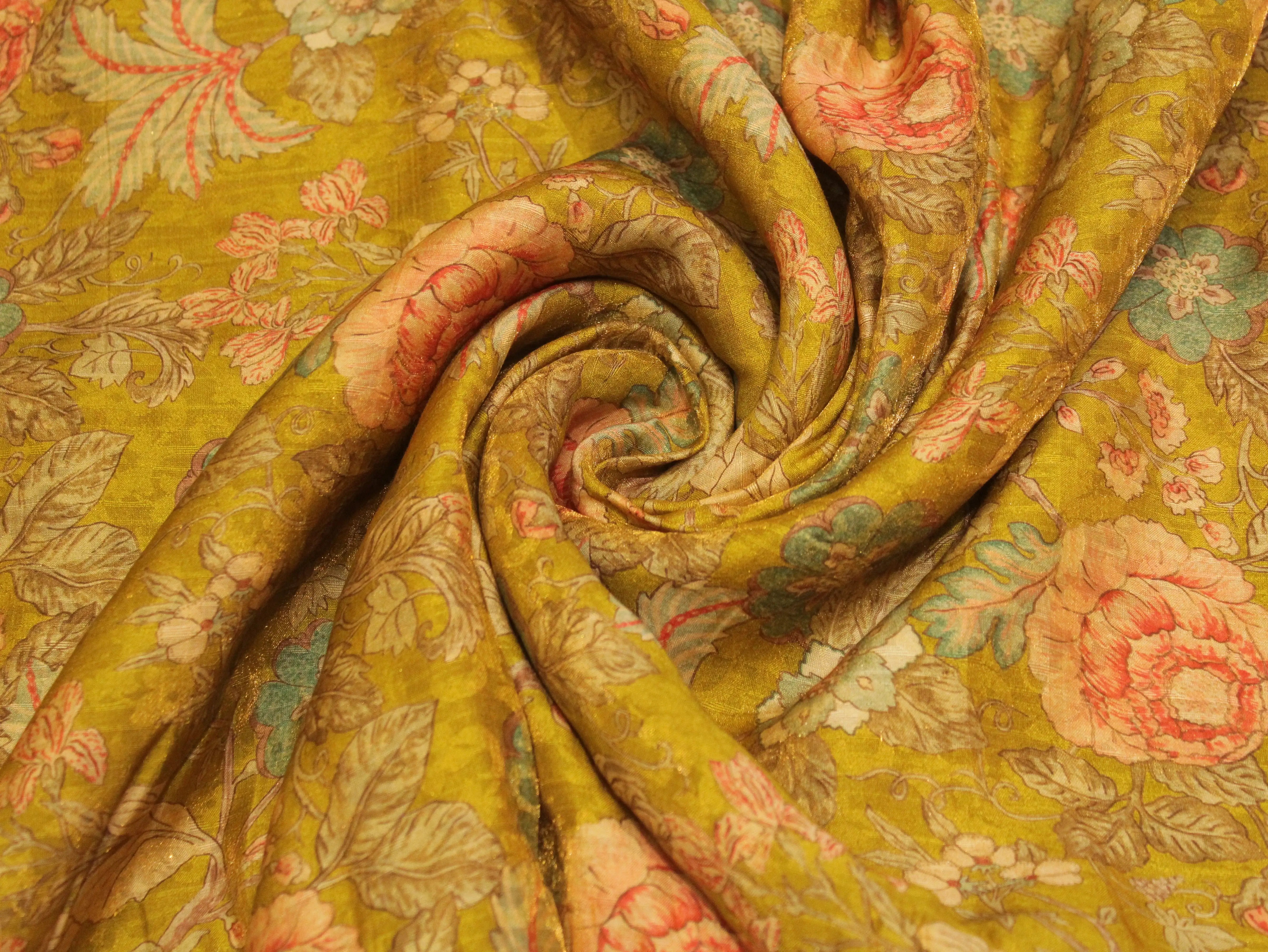 Pure Raw Silk Kalamkari Digital Print Fabric with Subtle Shine