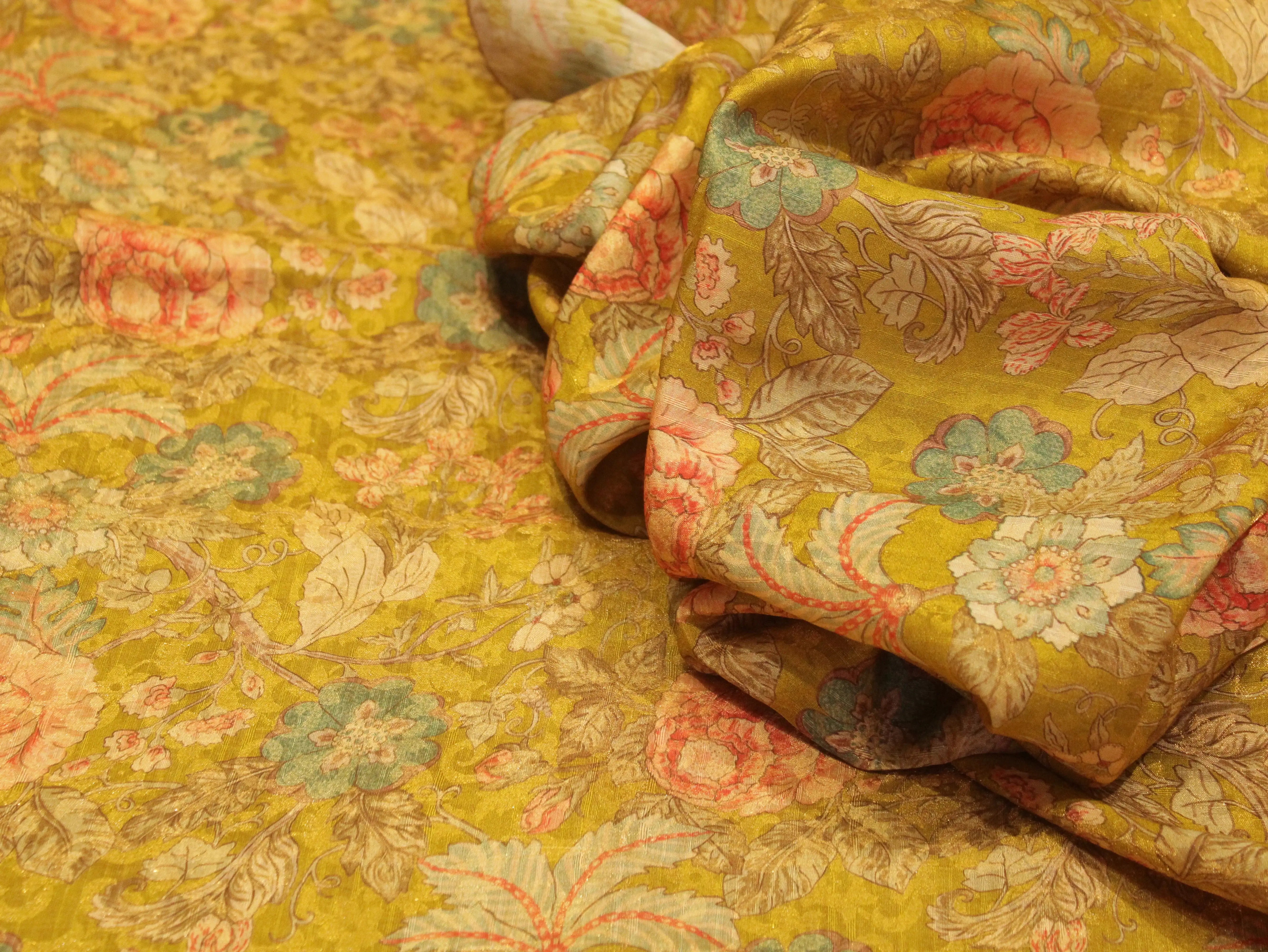 Pure Raw Silk Kalamkari Digital Print Fabric with Subtle Shine