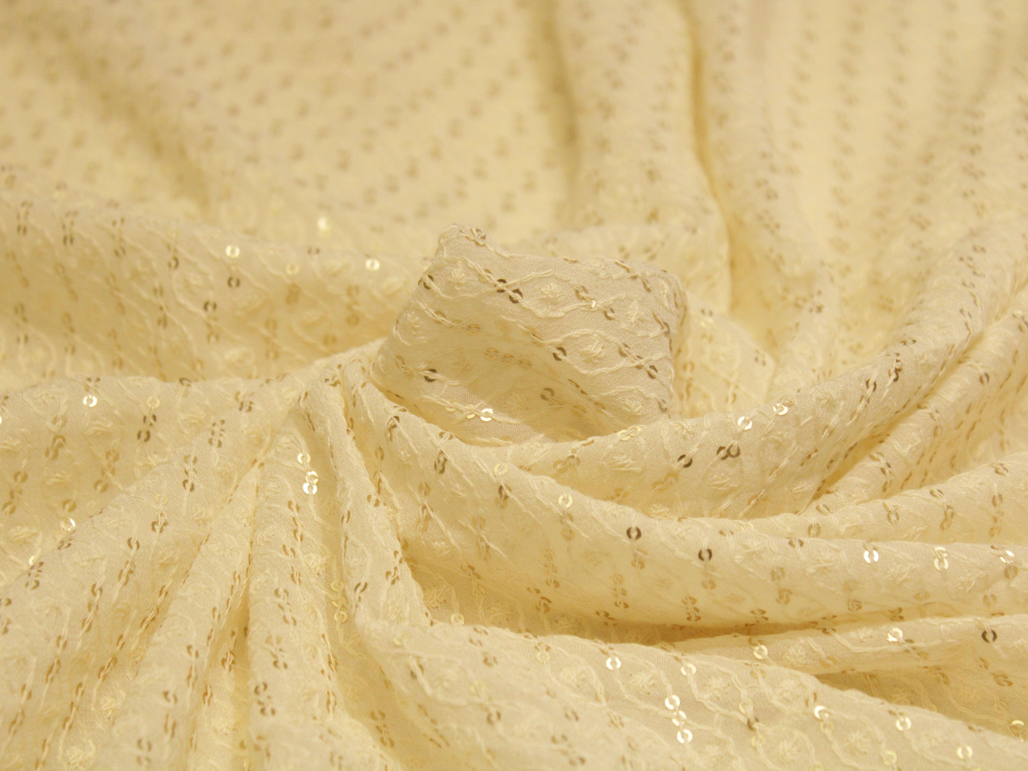 Bemberg Georgette Lucknawi Thread & Sequin Work Fabric - White Dyeable - M'Foks