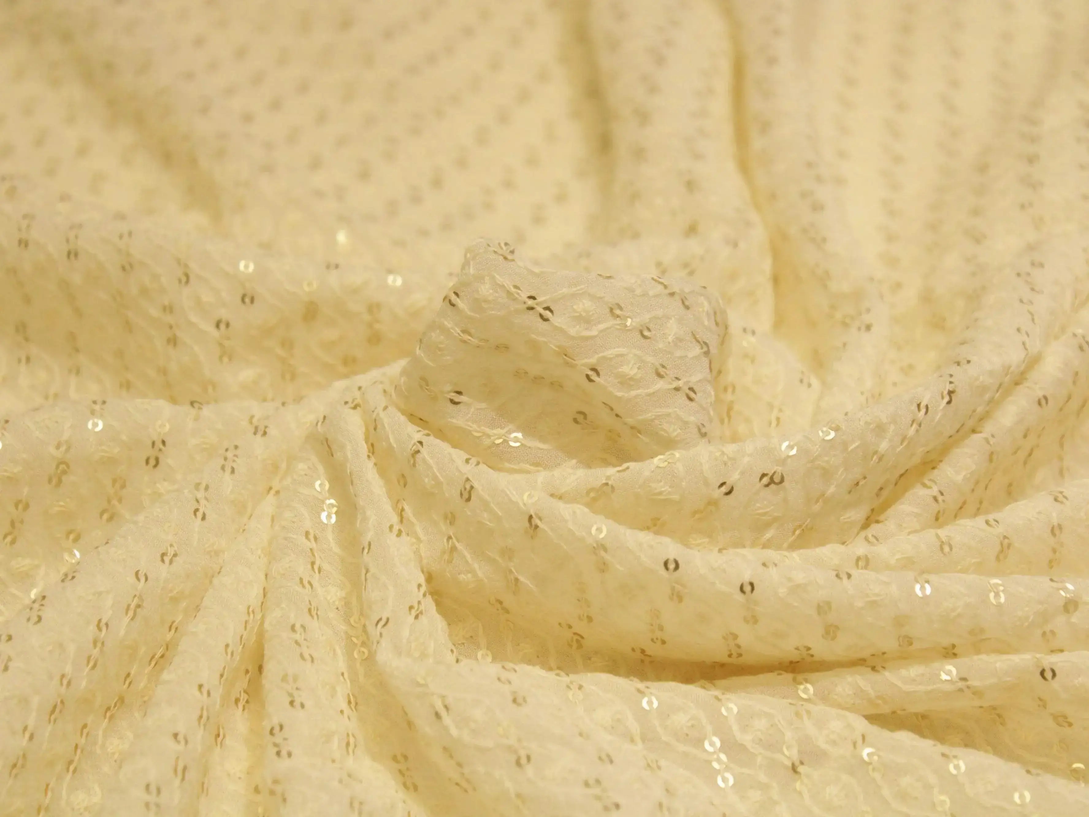 Bemberg Georgette Lucknawi Thread & Sequin Work Fabric - White Dyeable - M'Foks