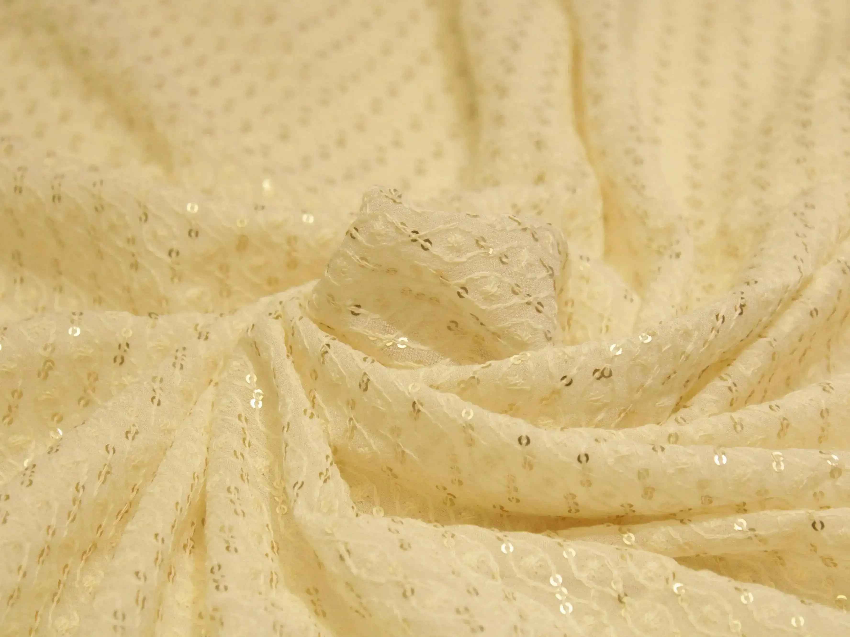 Bemberg Georgette Lucknawi Thread & Sequin Work Fabric - White Dyeable