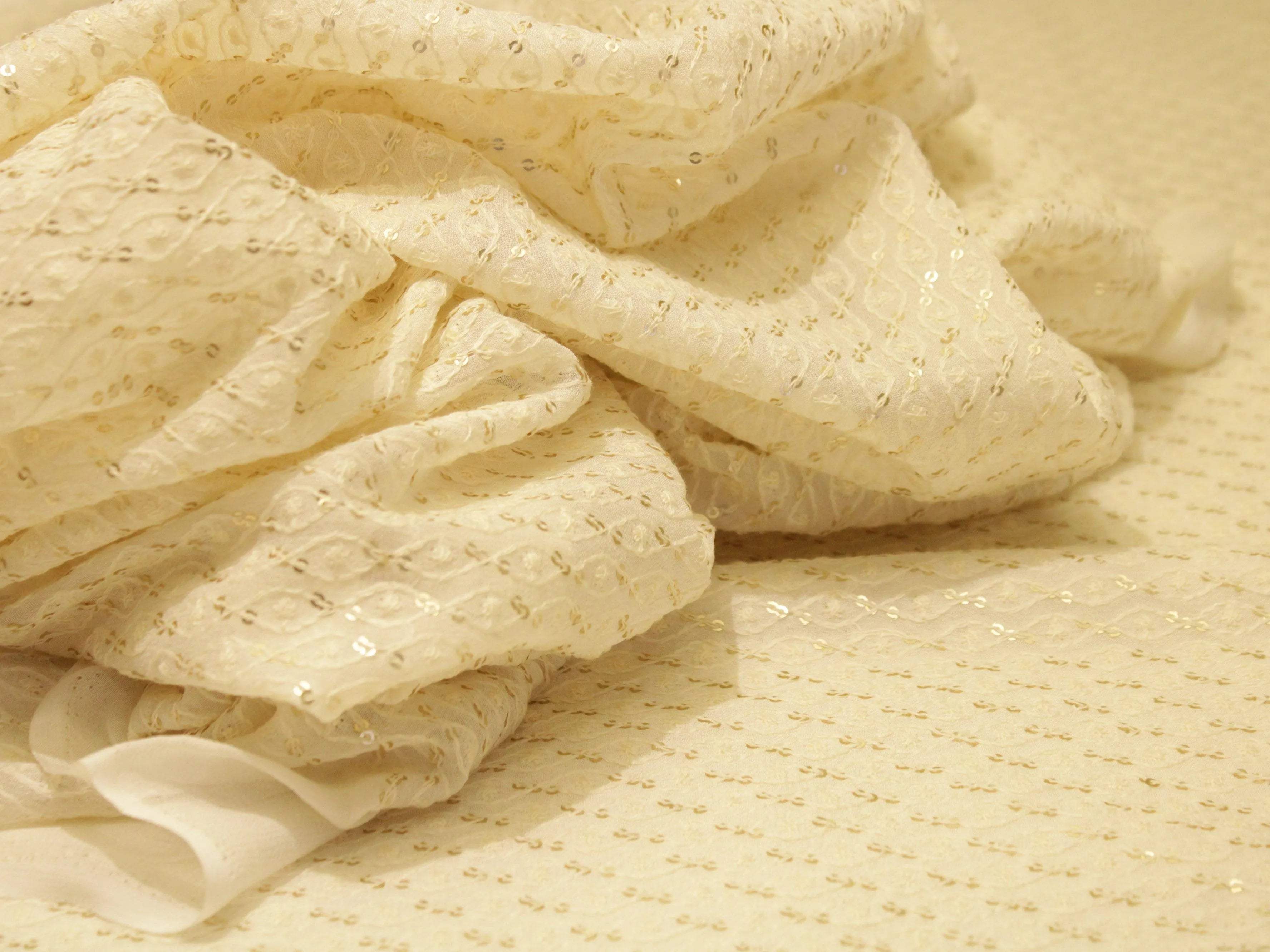 Bemberg Georgette Lucknawi Thread & Sequin Work Fabric - White Dyeable - M'Foks
