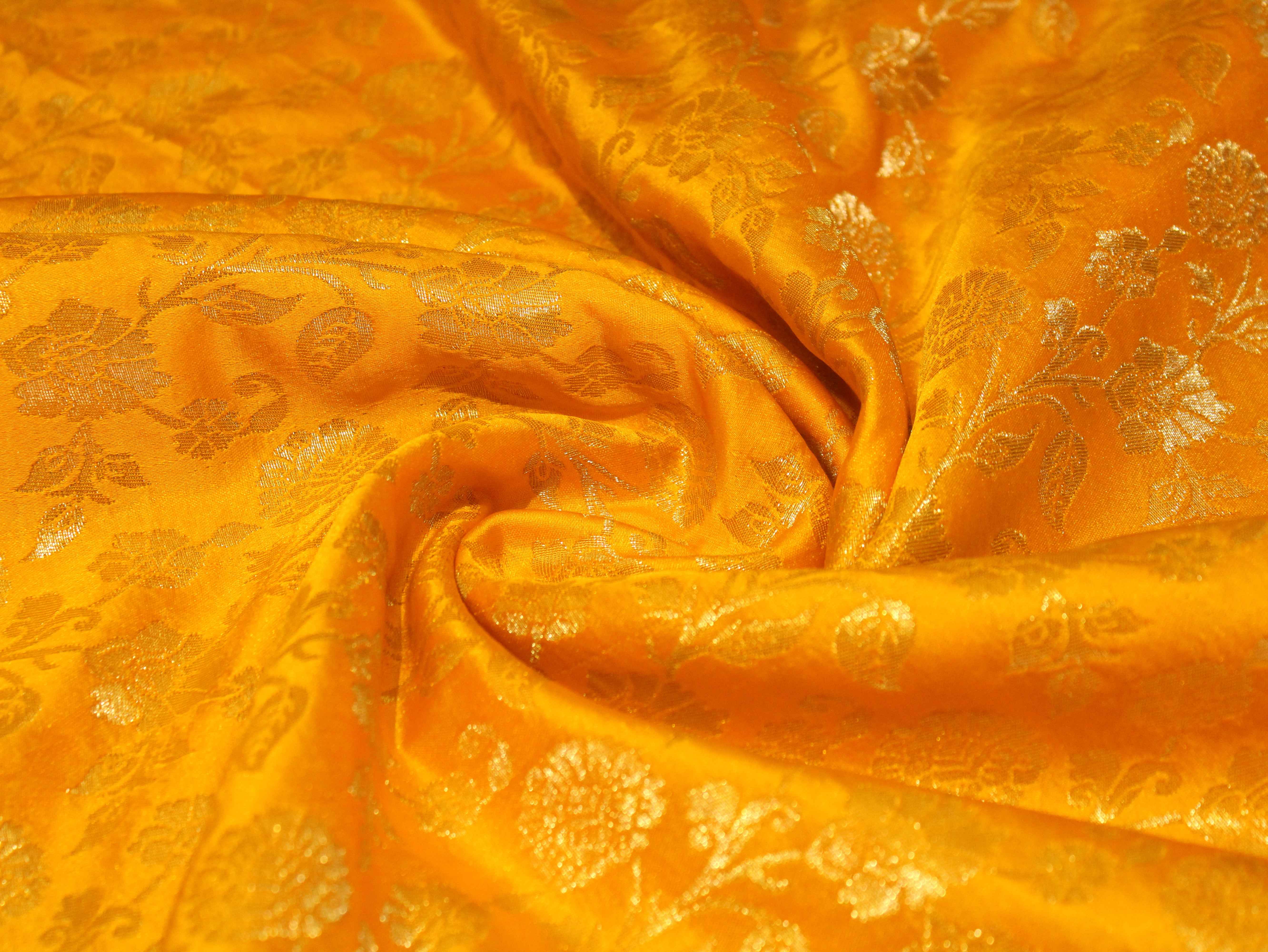 Satin Finish Banarasi Brocade Fabric - Yellow