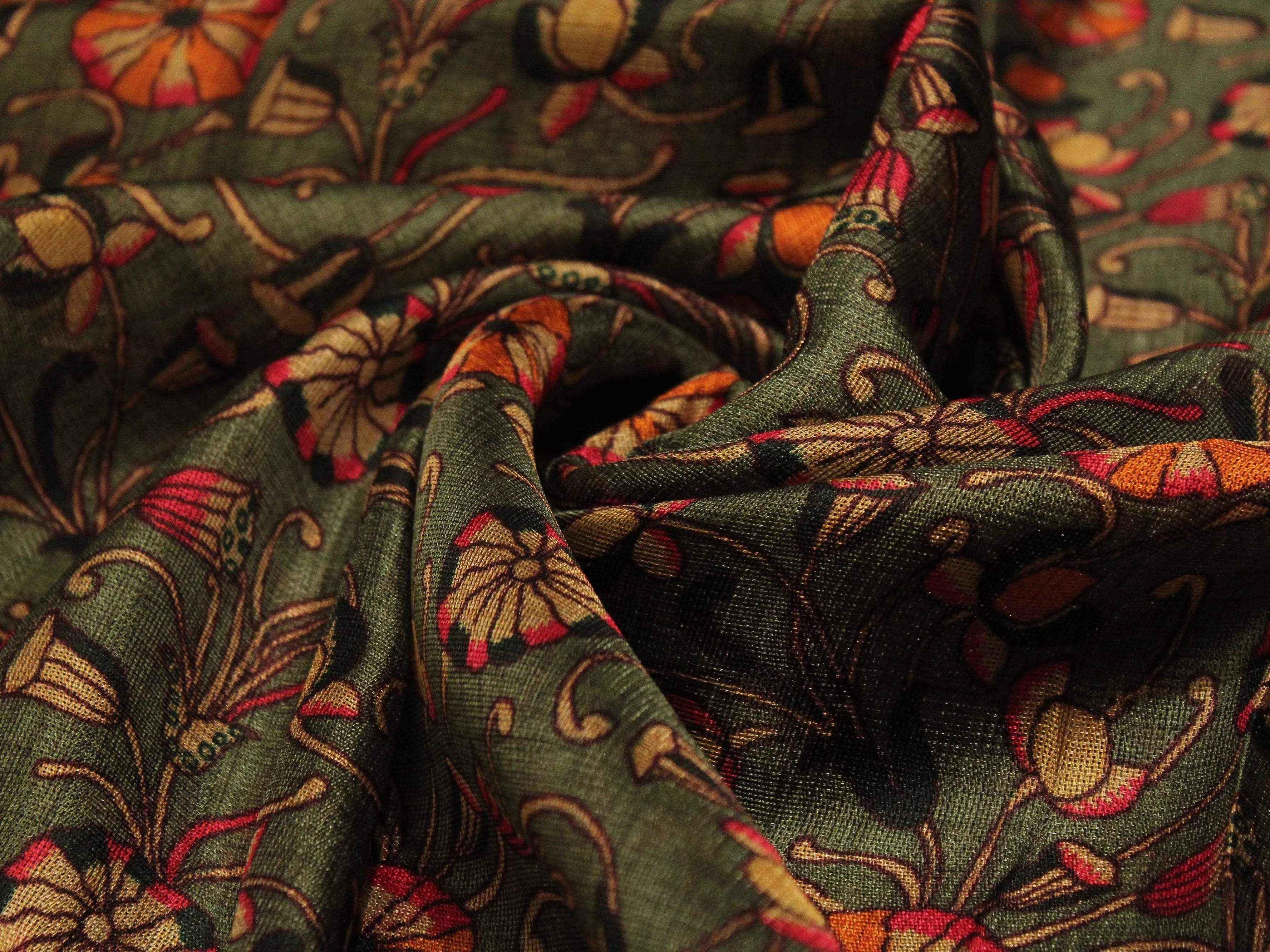 Micro Mesh Jute-Texture Digital Kalamkari Printed Fabric
