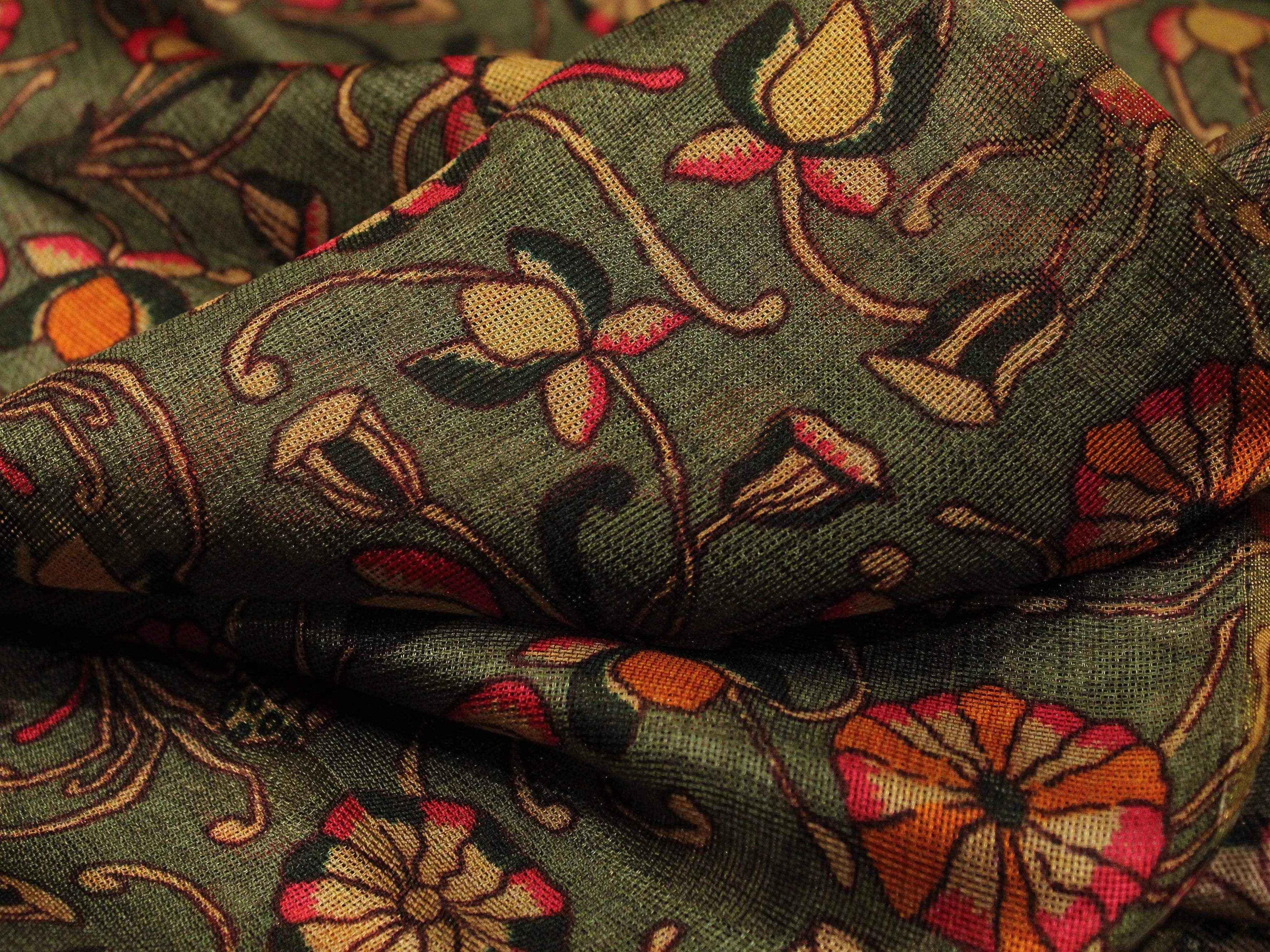 Micro Mesh Jute-Texture Digital Kalamkari Printed Fabric