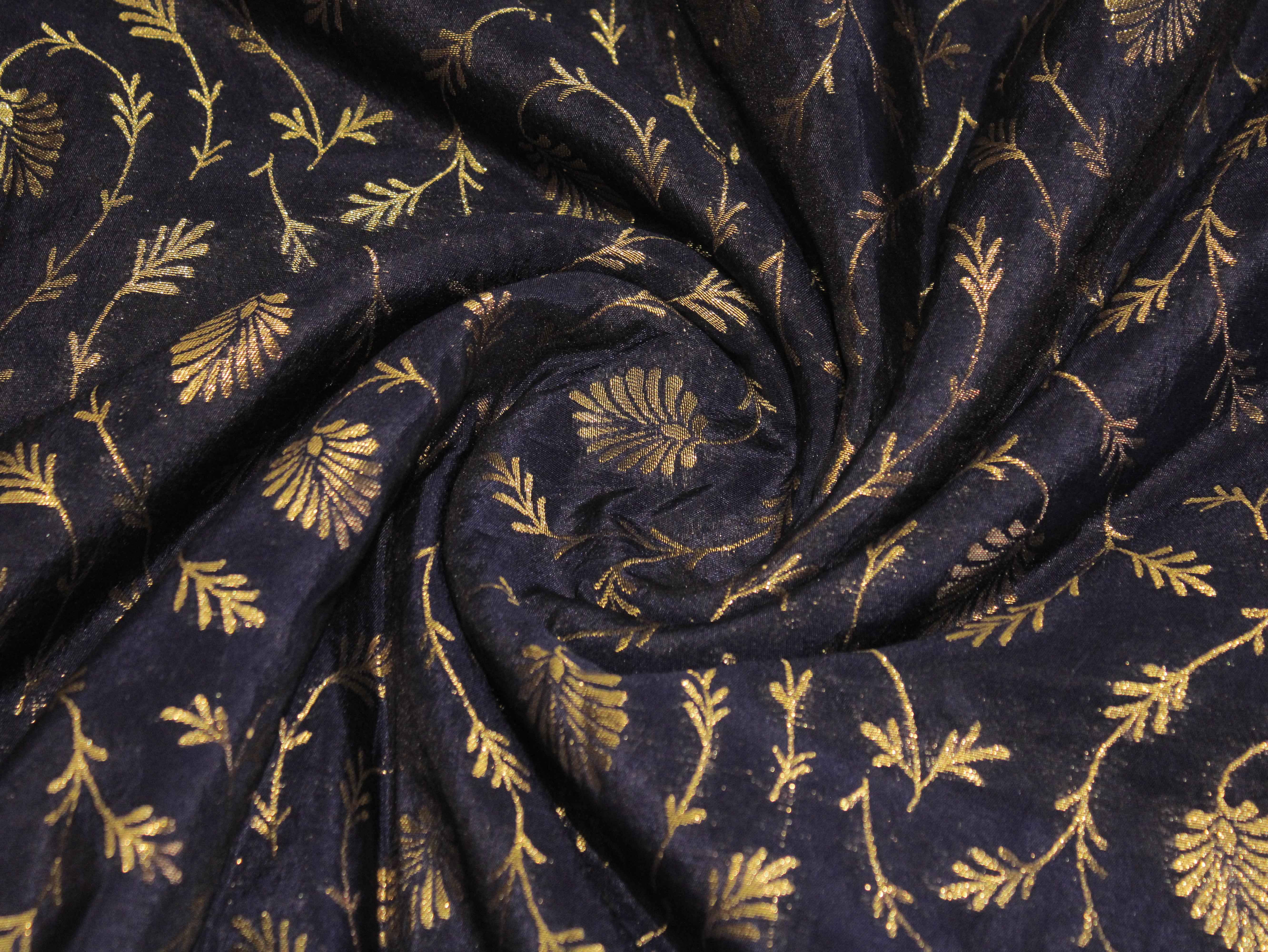 Katan Silk Brocade Fabric - Navy Blue