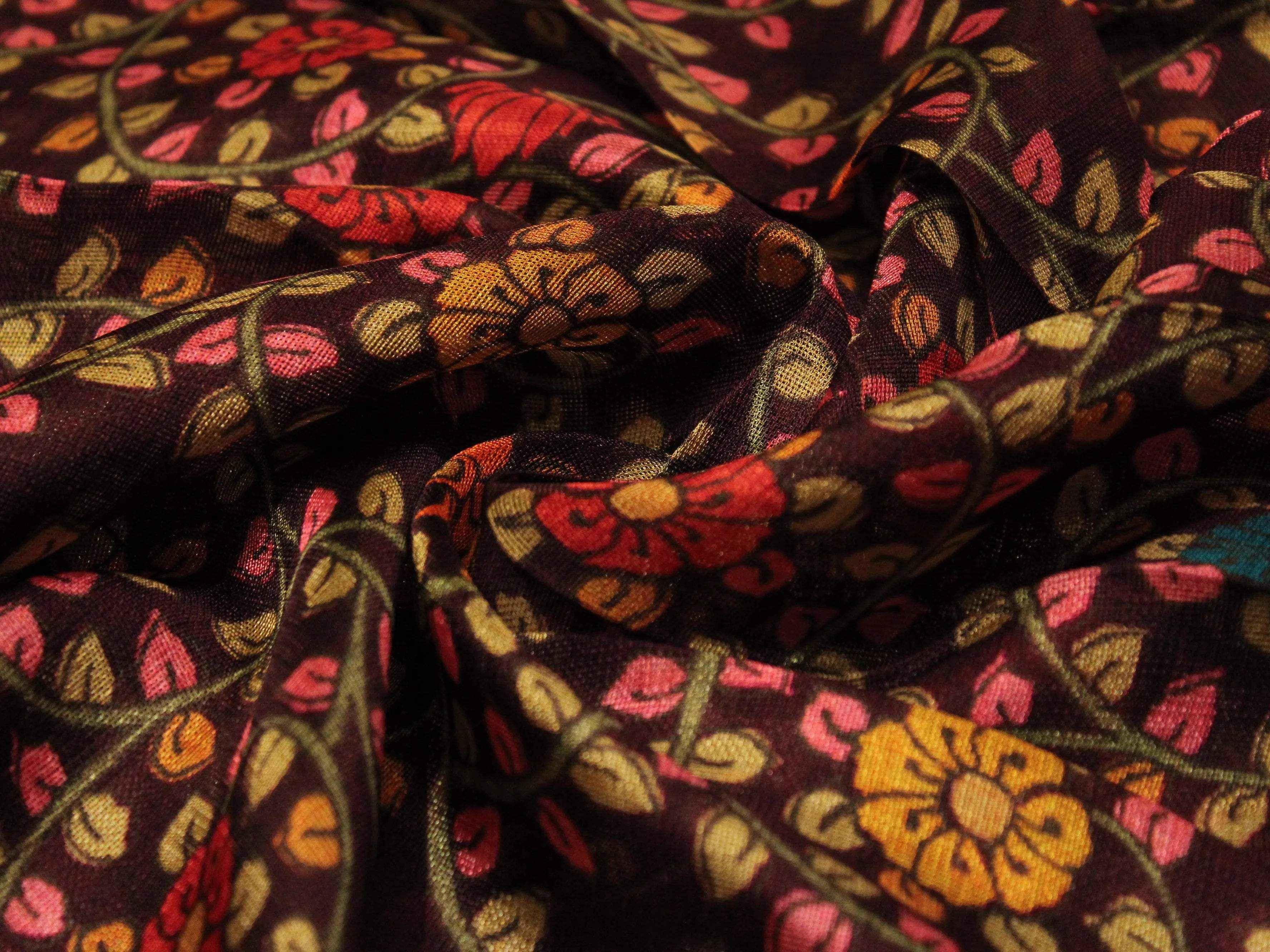 Micro Mesh Jute-Texture Digital Kalamkari Printed Fabric