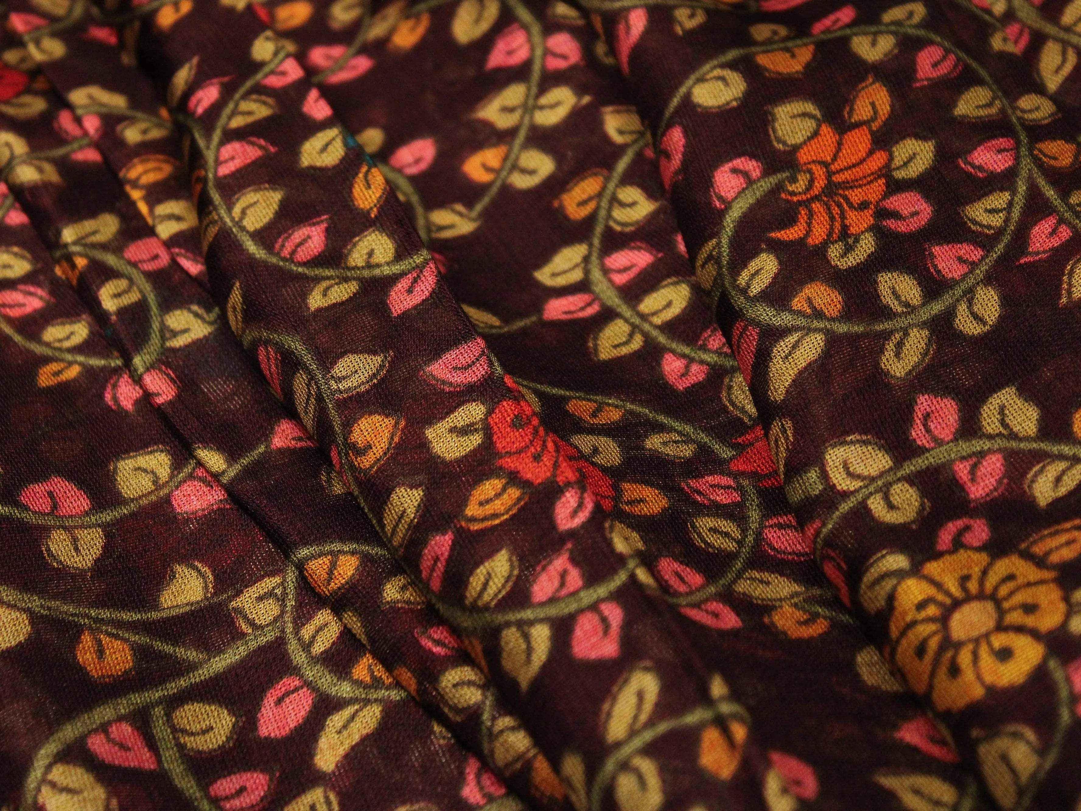 Micro Mesh Jute-Texture Digital Kalamkari Printed Fabric