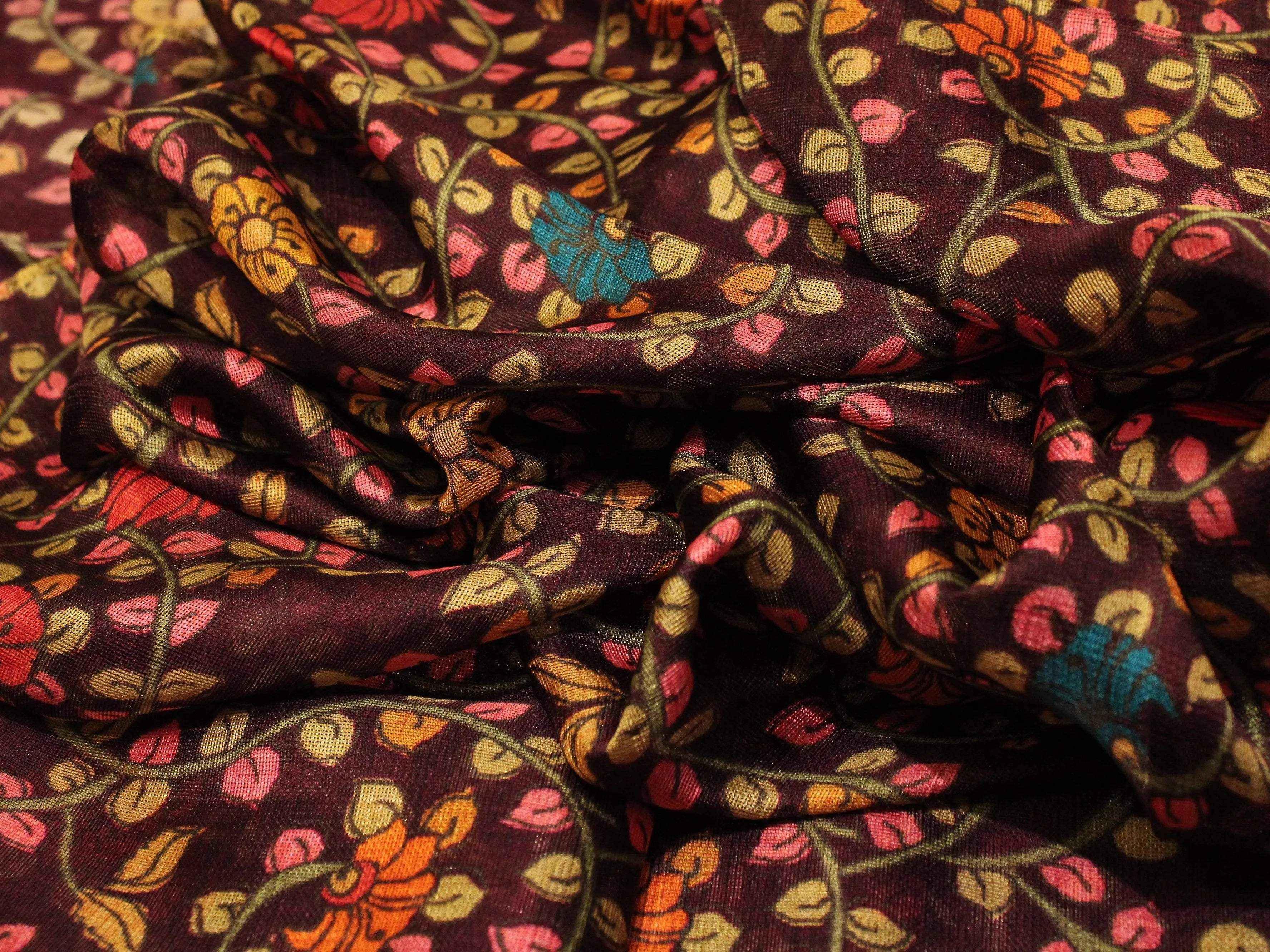 Micro Mesh Jute-Texture Digital Kalamkari Printed Fabric