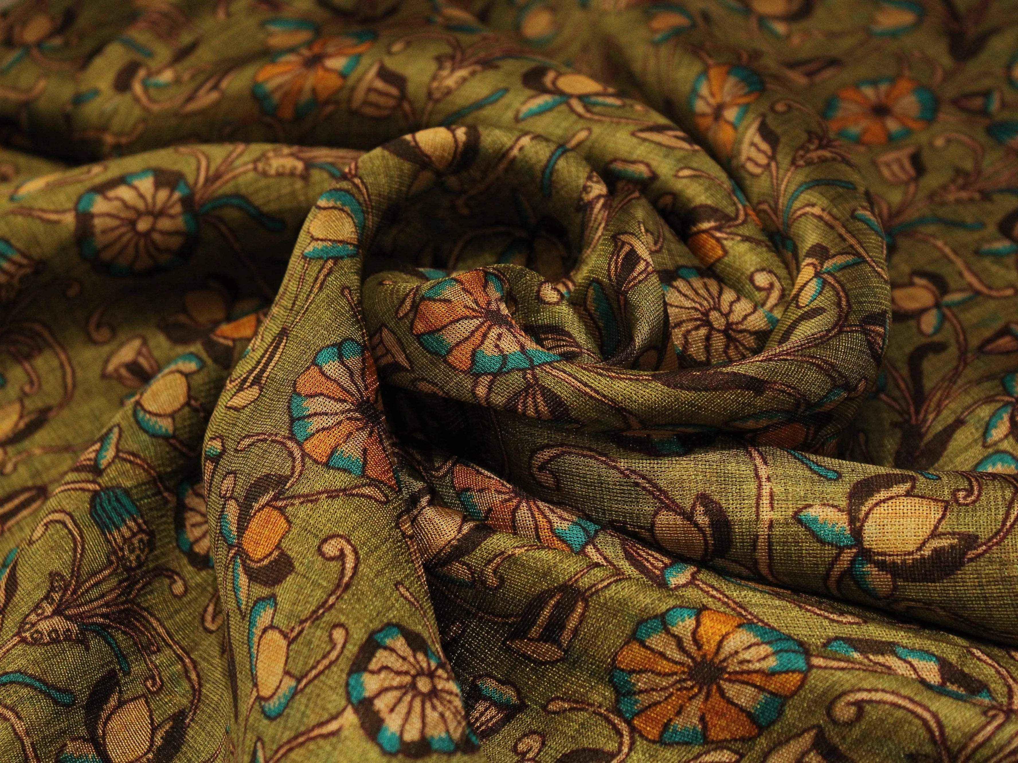 Micro Mesh Jute-Texture Digital Kalamkari Printed Fabric