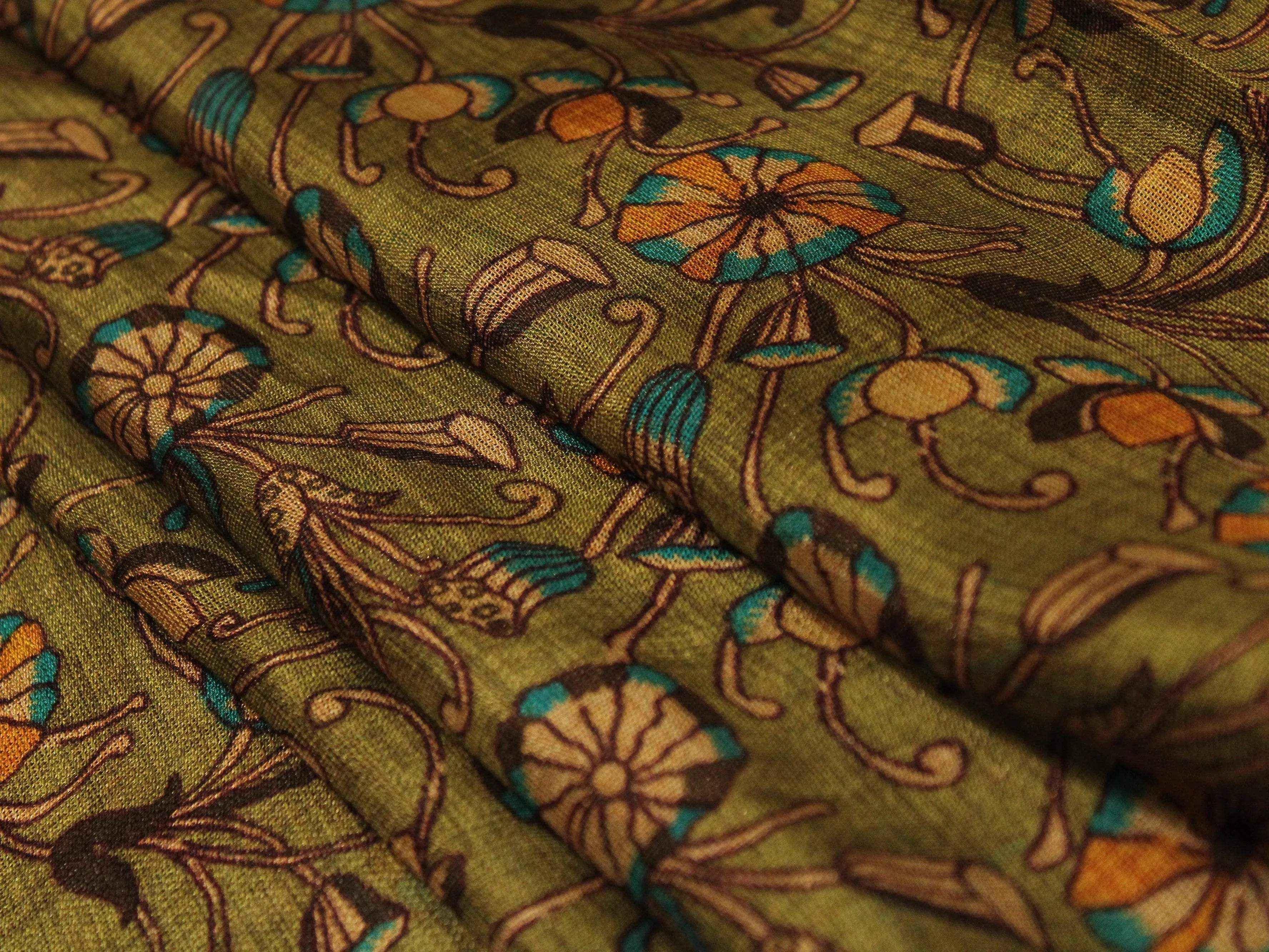 Micro Mesh Jute-Texture Digital Kalamkari Printed Fabric