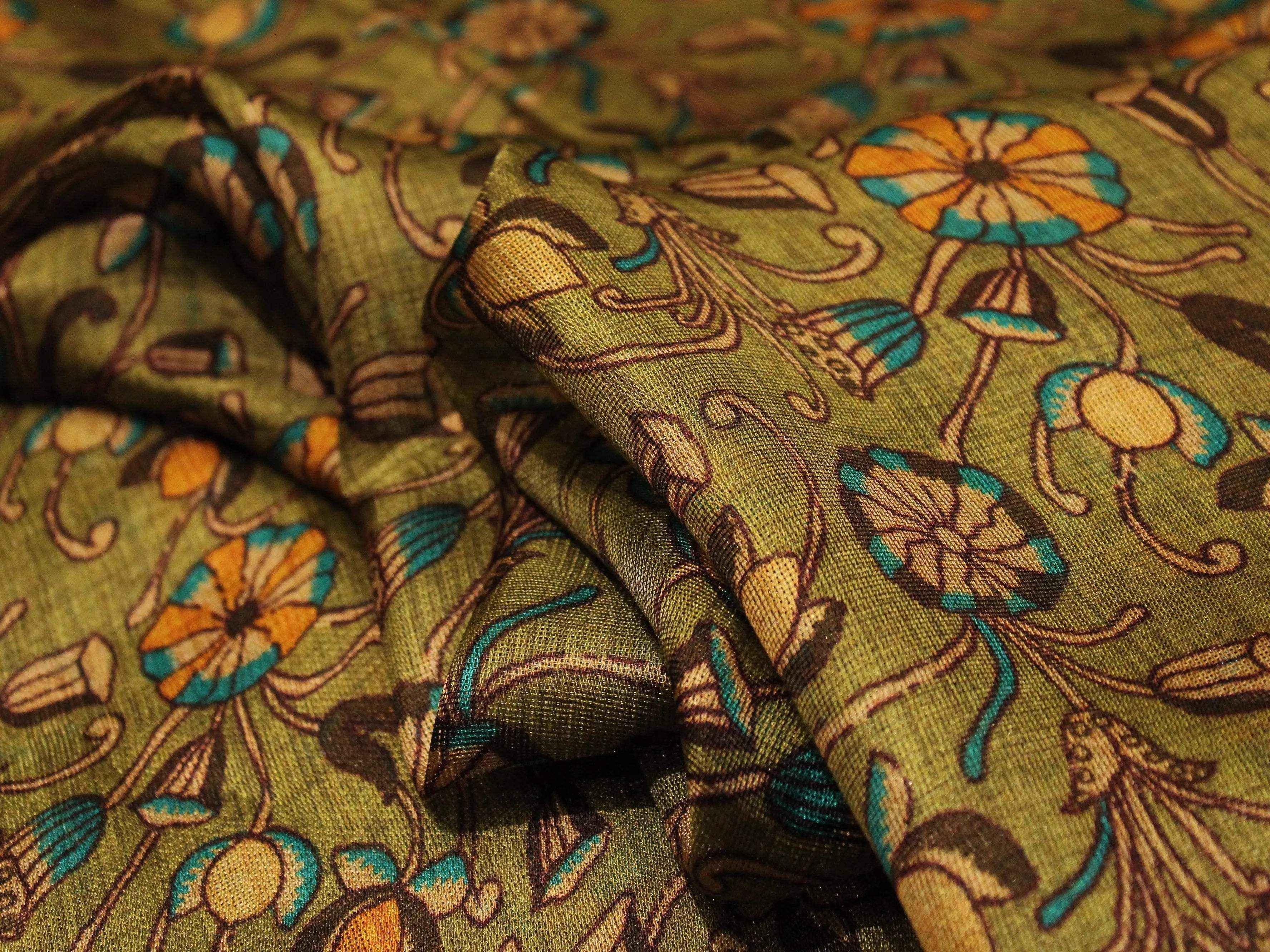 Micro Mesh Jute-Texture Digital Kalamkari Printed Fabric