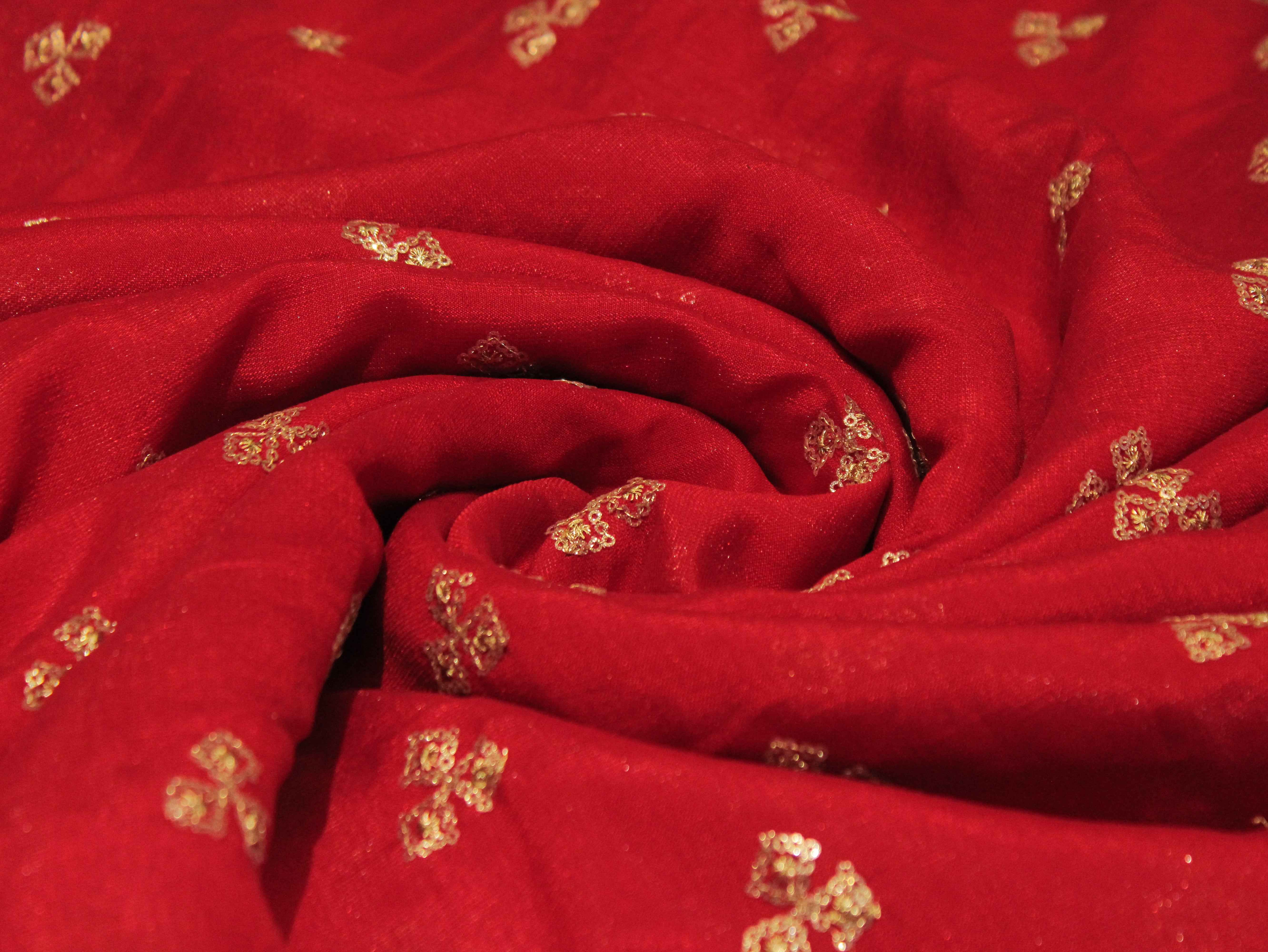Jute Chanderi Silk Fabric with Zari Work - Red