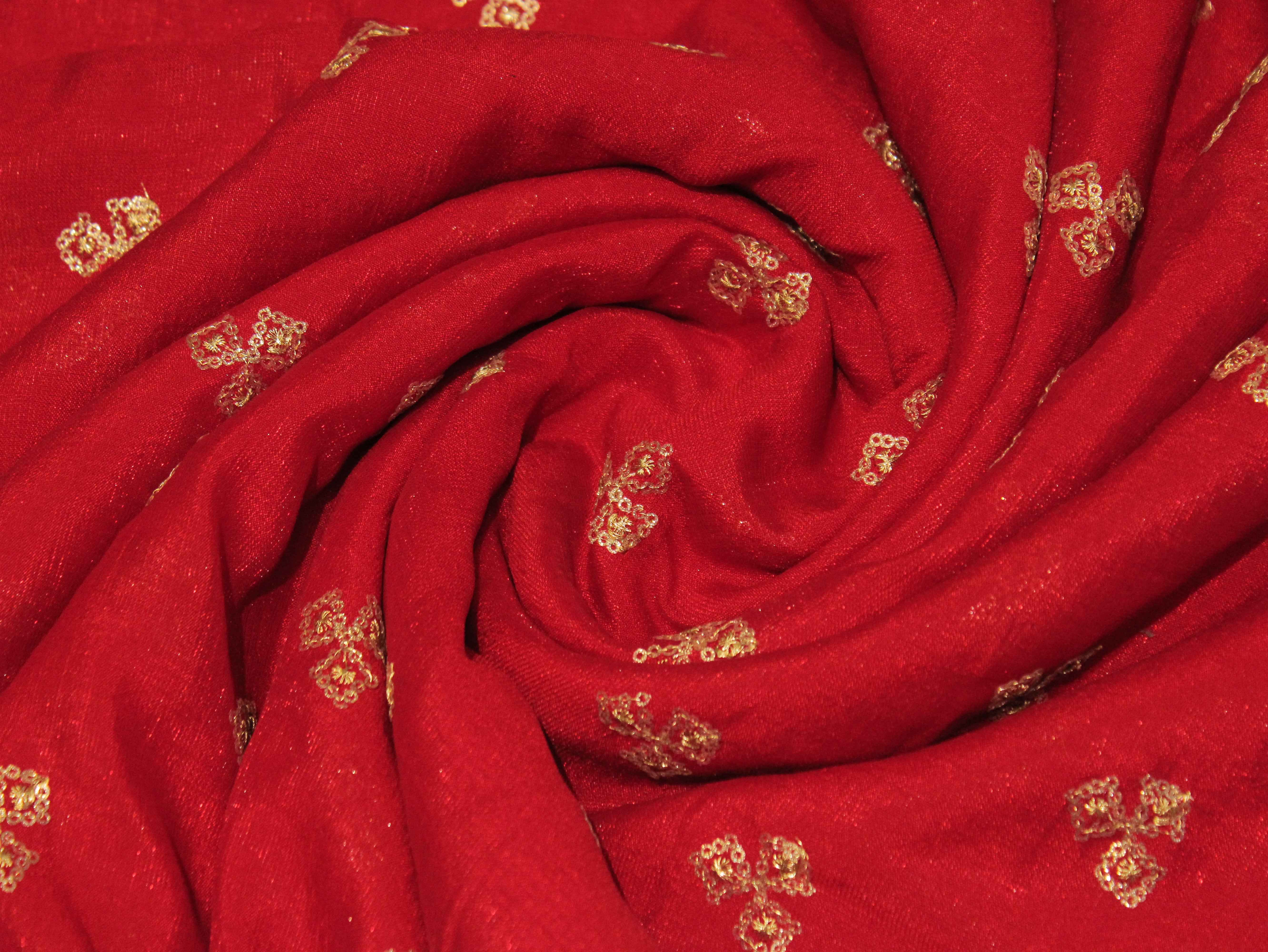 Jute Chanderi Silk Fabric with Zari Work - Red