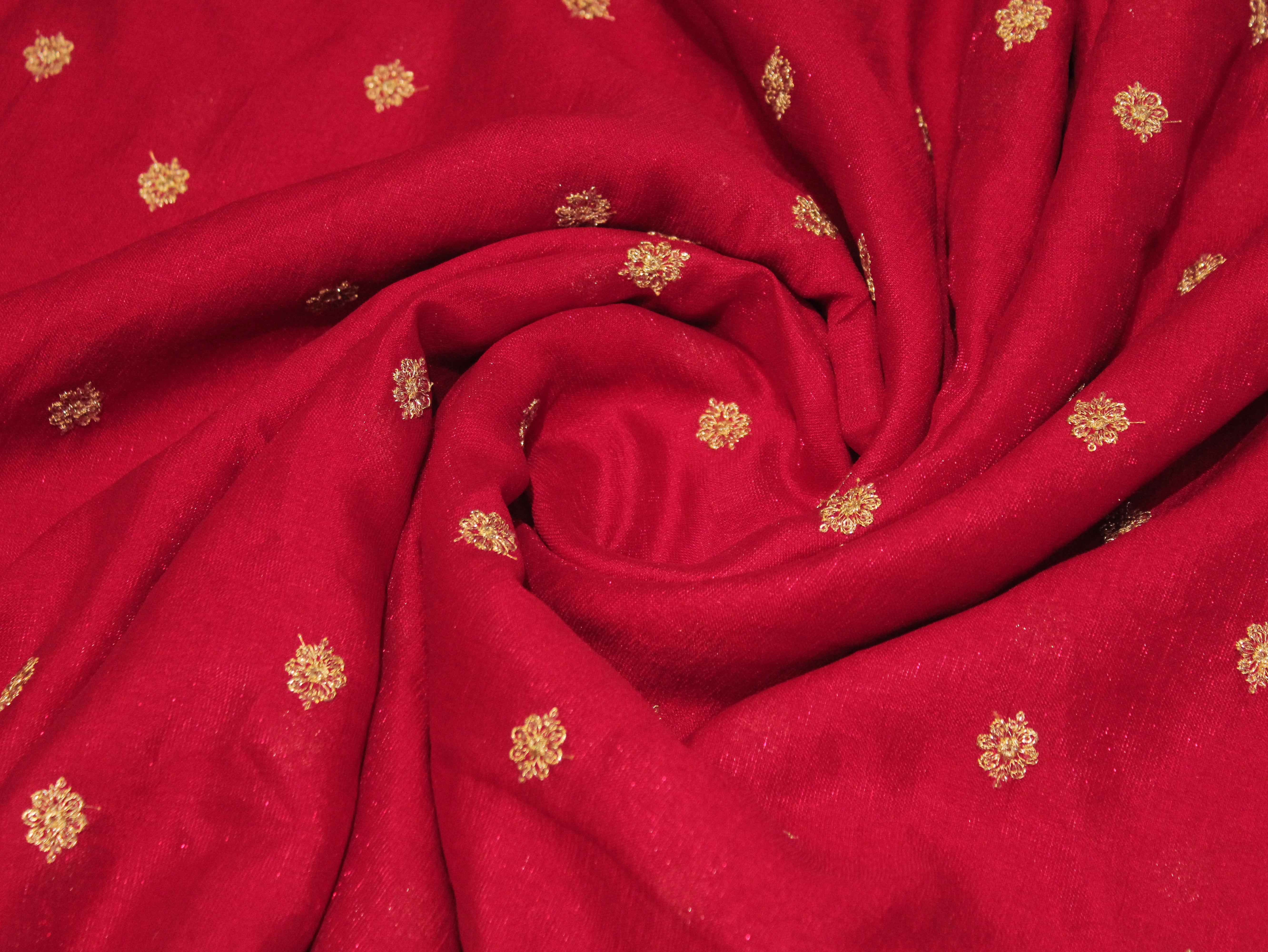 Jute Chanderi Silk Fabric with Zari Work - Cherry Red