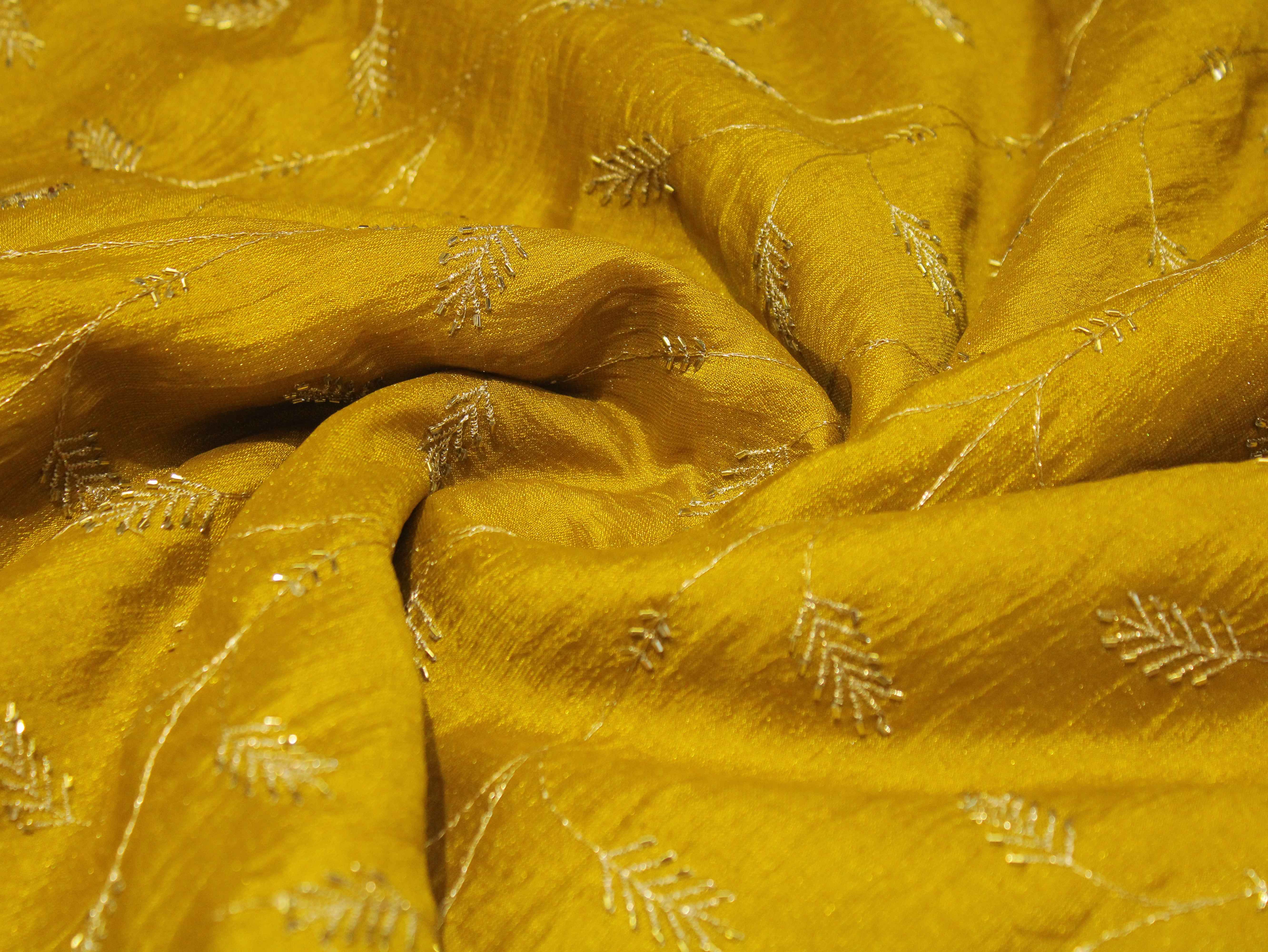 Jute Chanderi Silk Jari Jaal with Pipe Work Fabric - Mustard