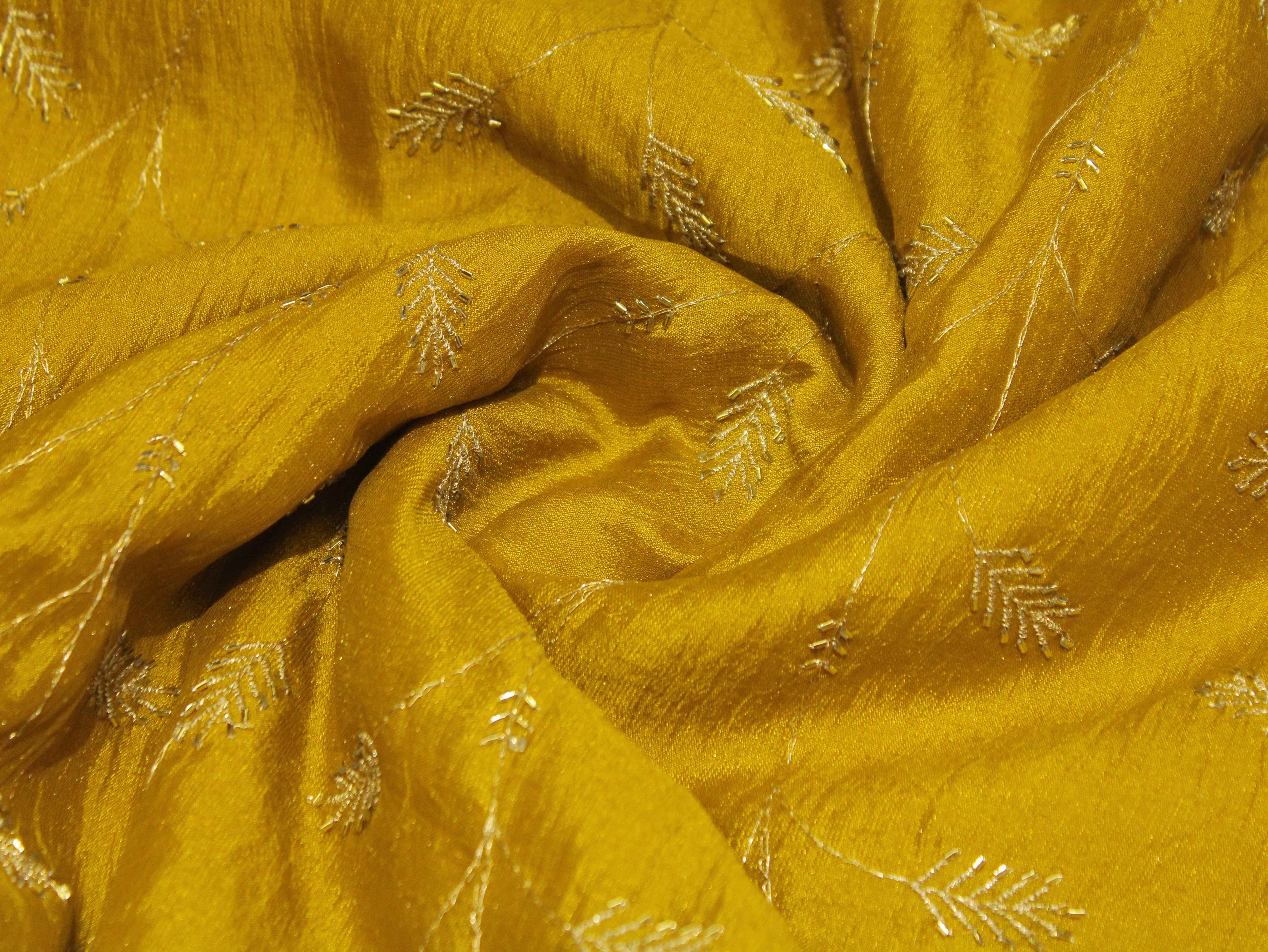 Jute Chanderi Silk Jari Jaal with Pipe Work Fabric - Mustard