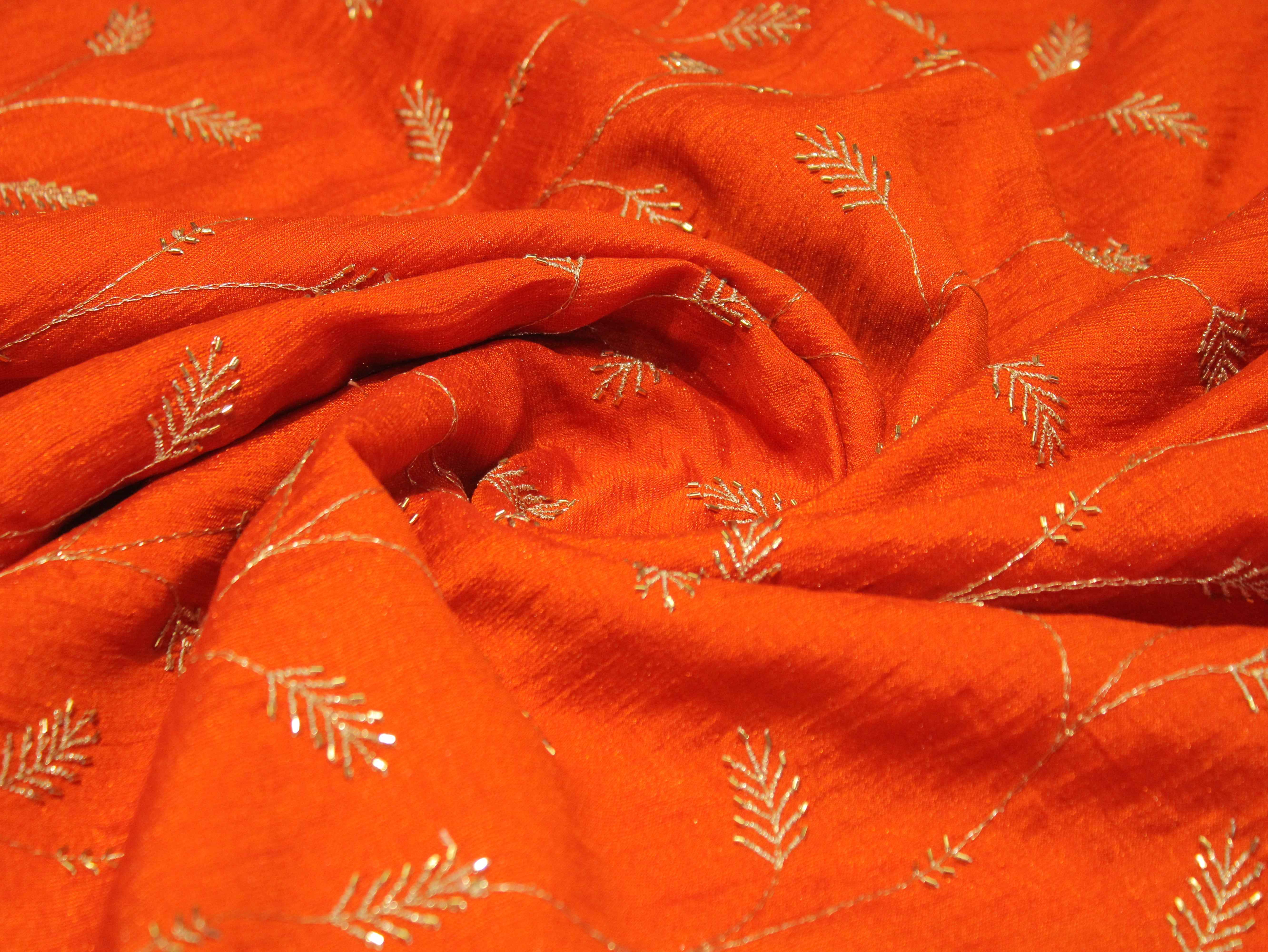 Jute Chanderi Silk Jari Jaal with Pipe Work Fabric - Rusty Orange