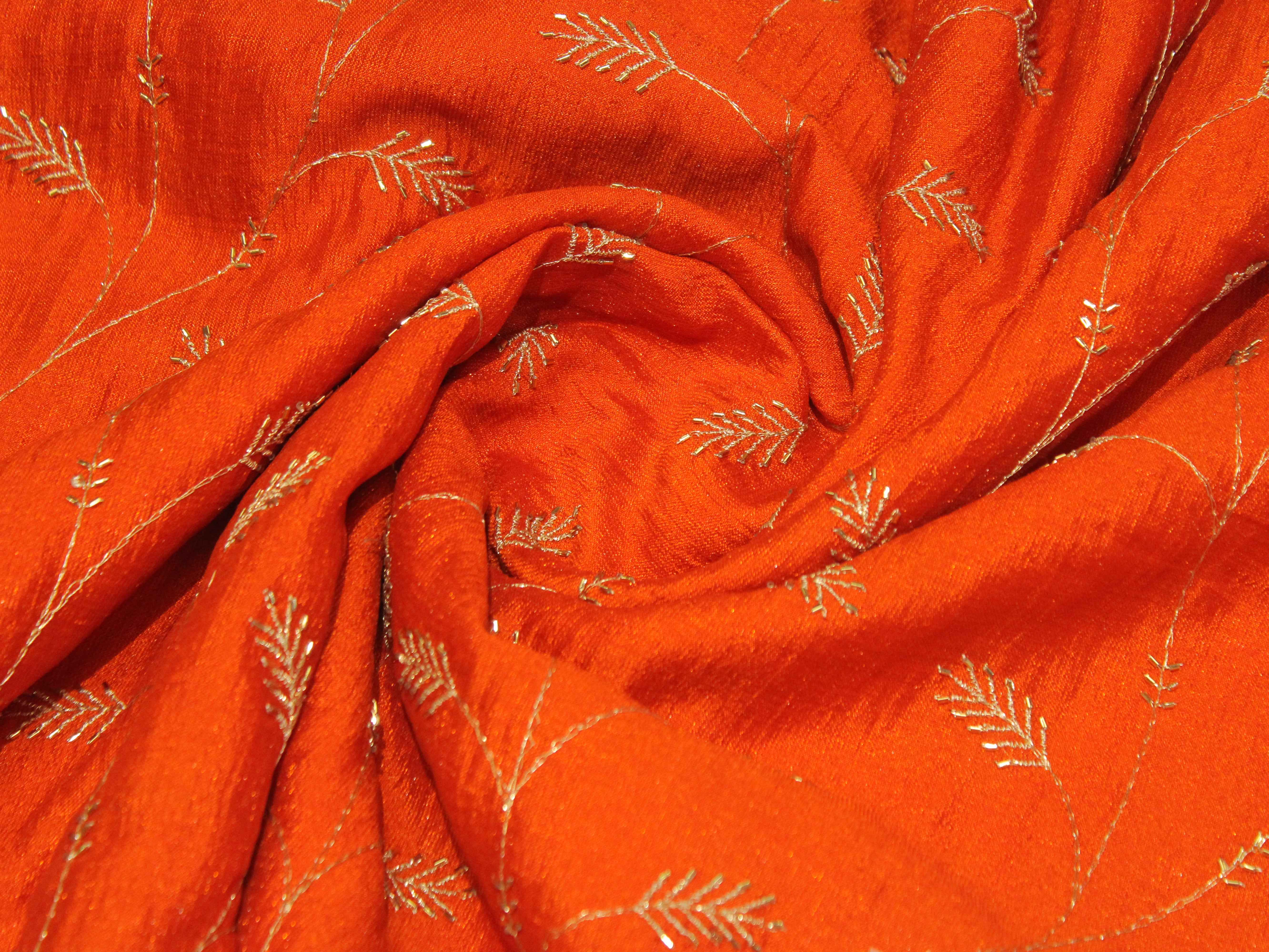 Jute Chanderi Silk Jari Jaal with Pipe Work Fabric - Rusty Orange