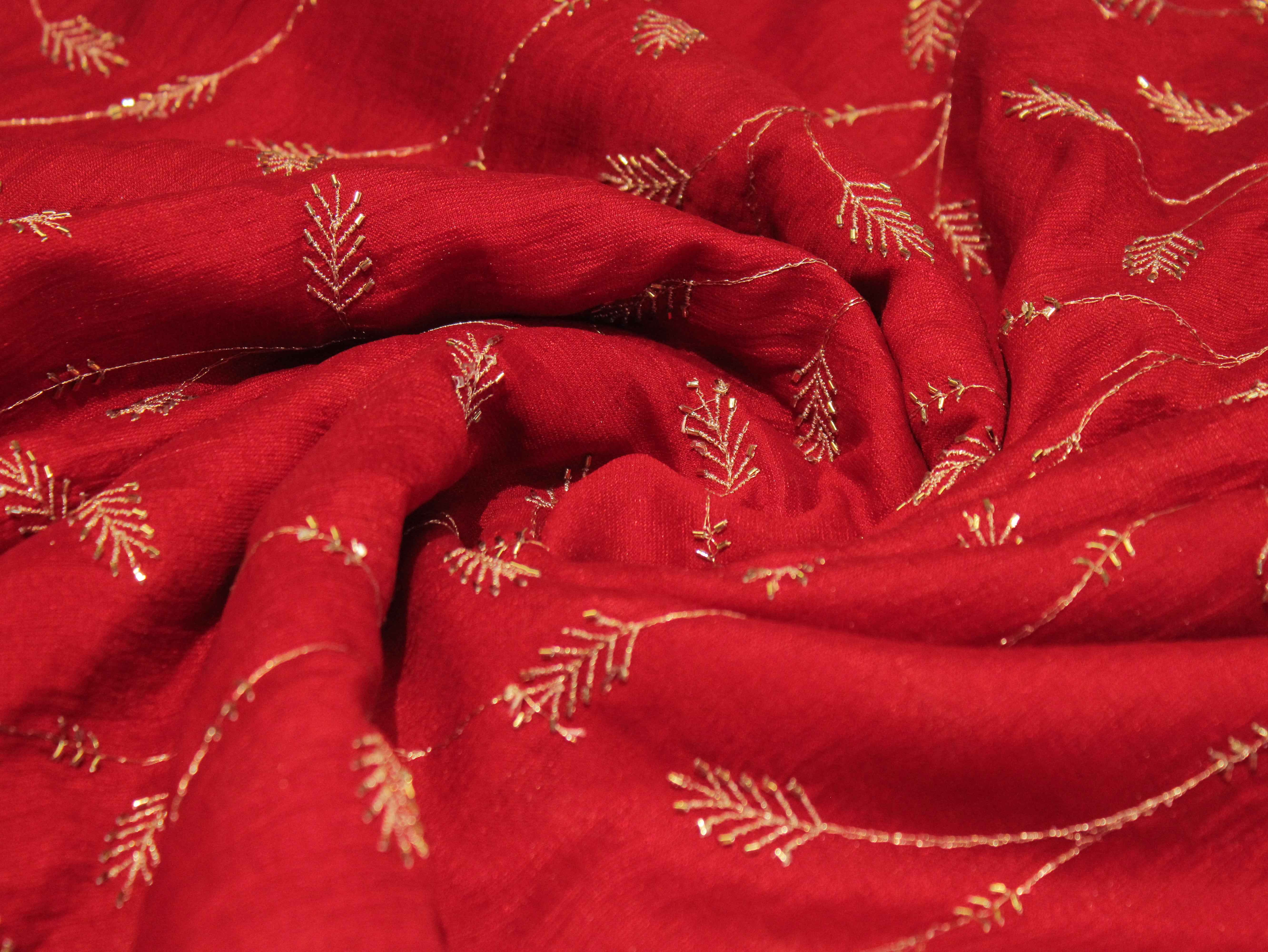 Jute Chanderi Silk Jari Jaal with Pipe Work Fabric - Red
