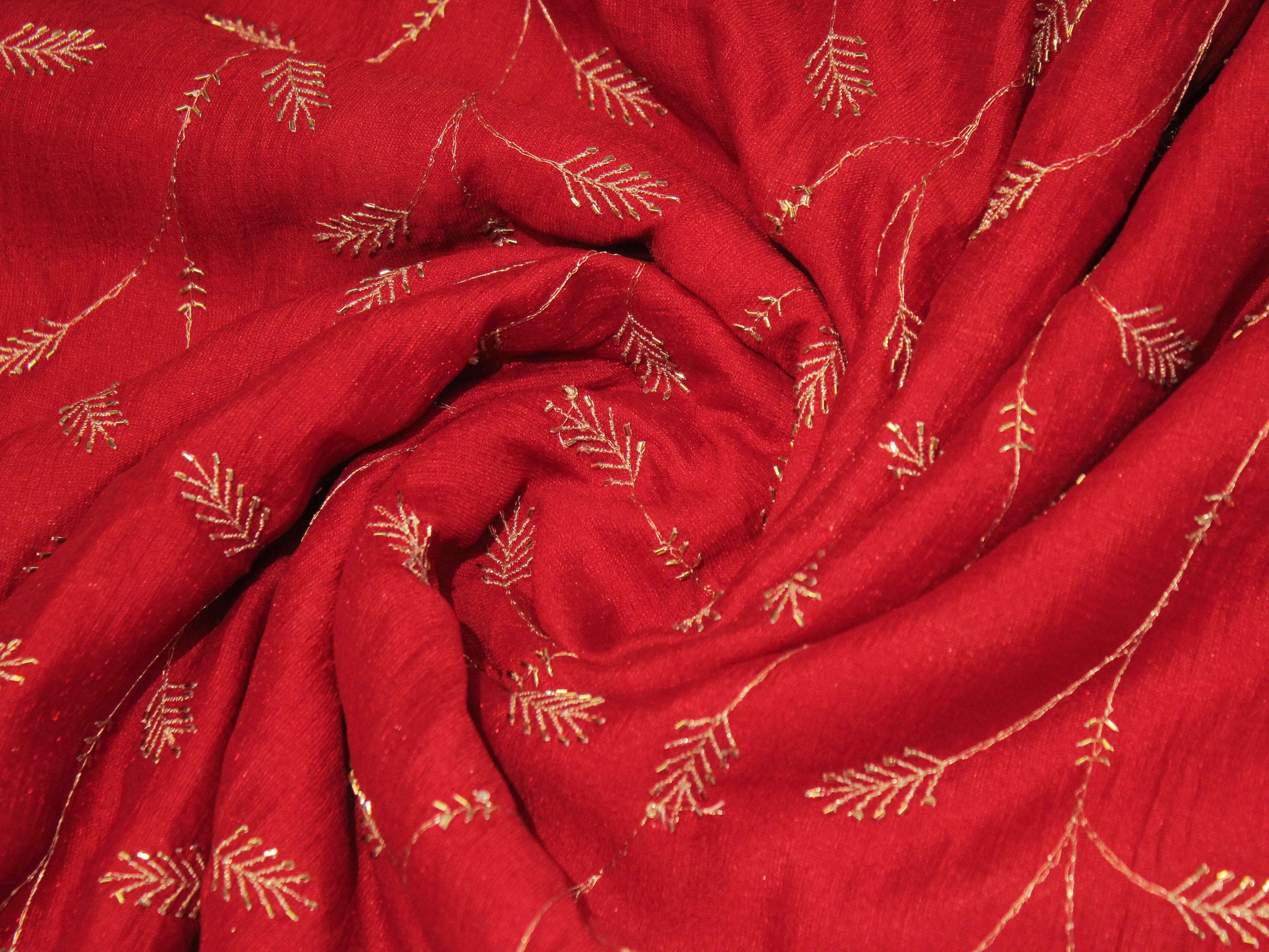 Jute Chanderi Silk Jari Jaal with Pipe Work Fabric - Red