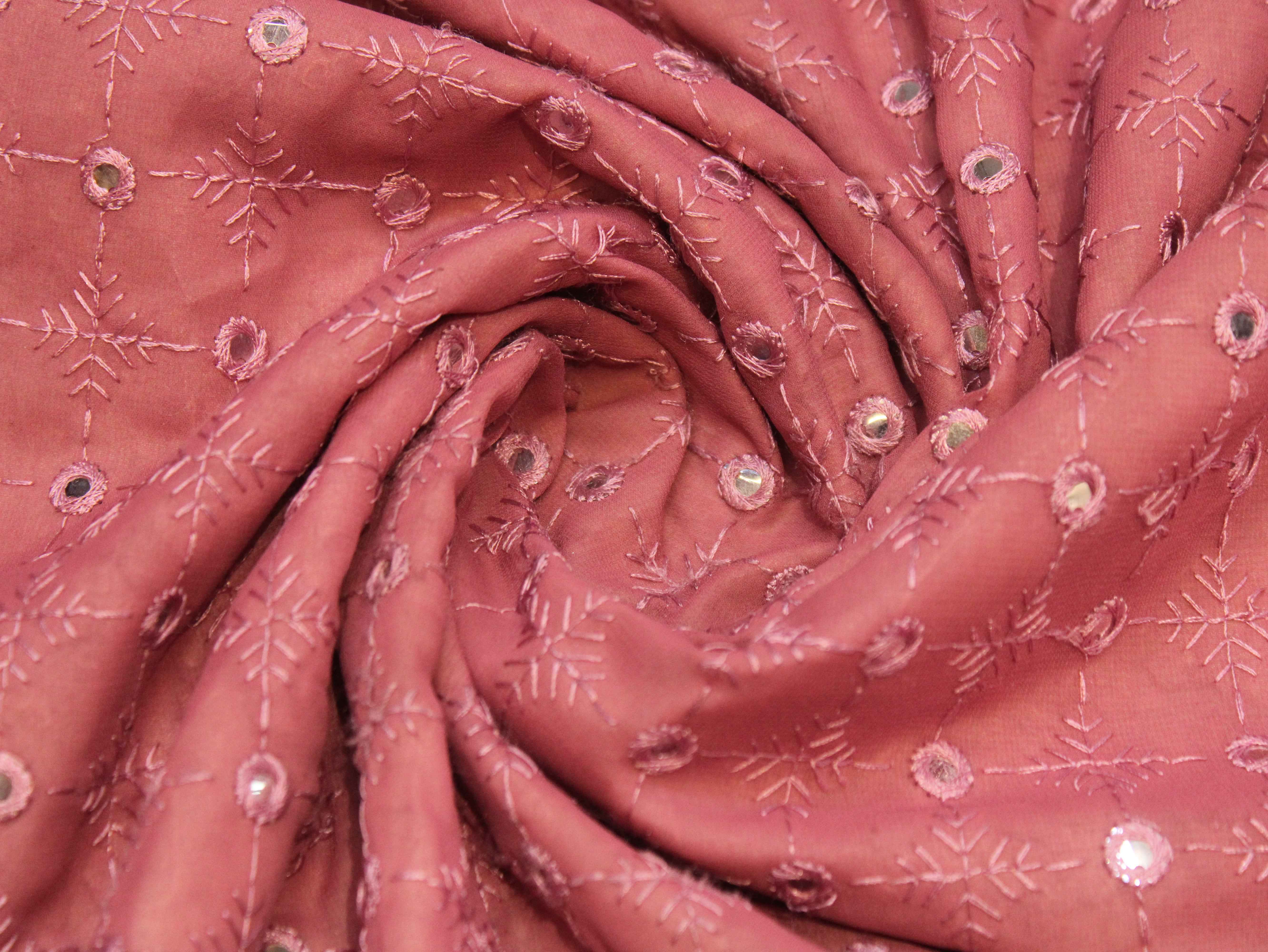 Georgette Mirror Work Fabric - Onion Pink