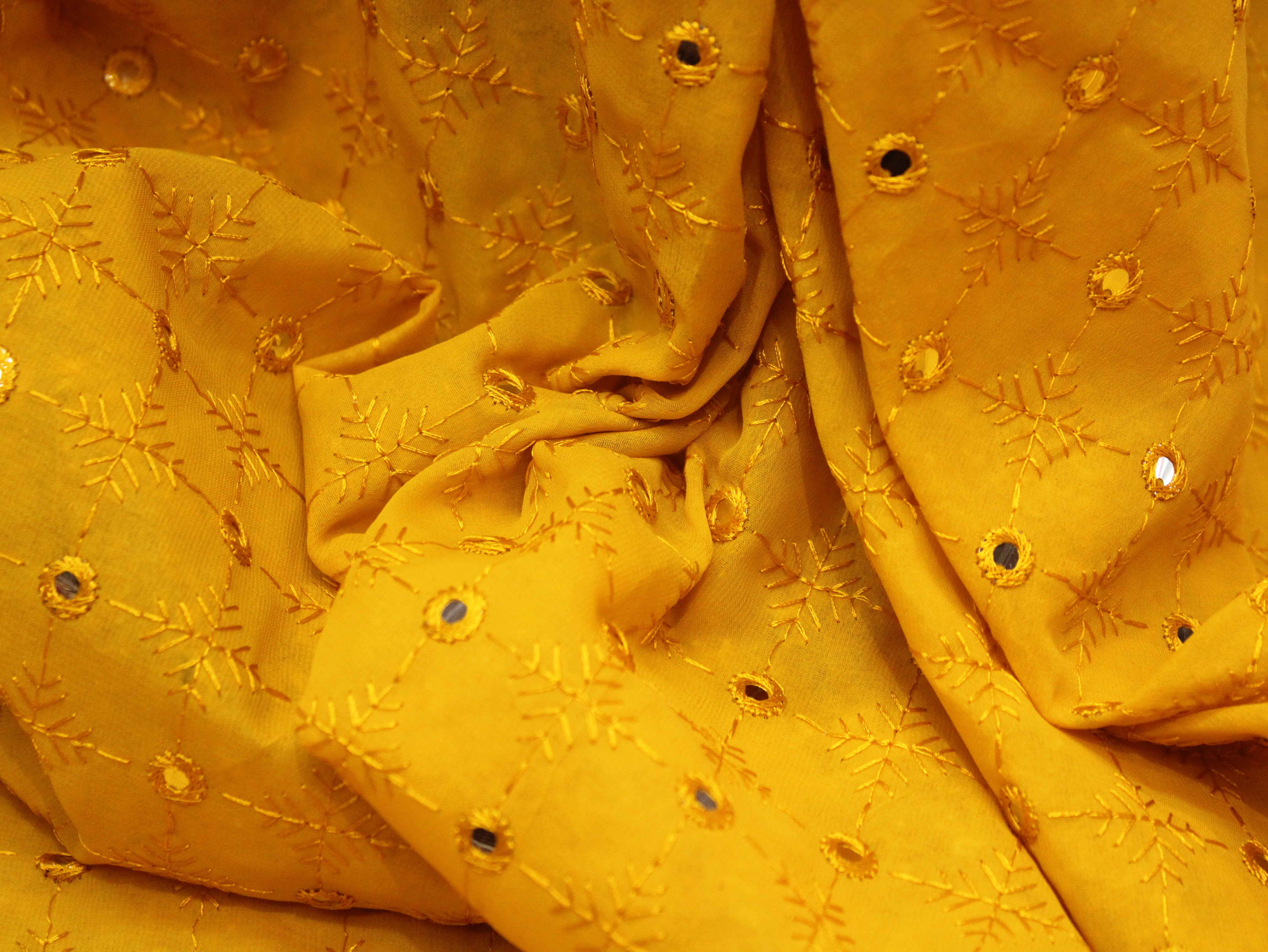 Georgette Mirror Work Fabric - Mustard Yellow