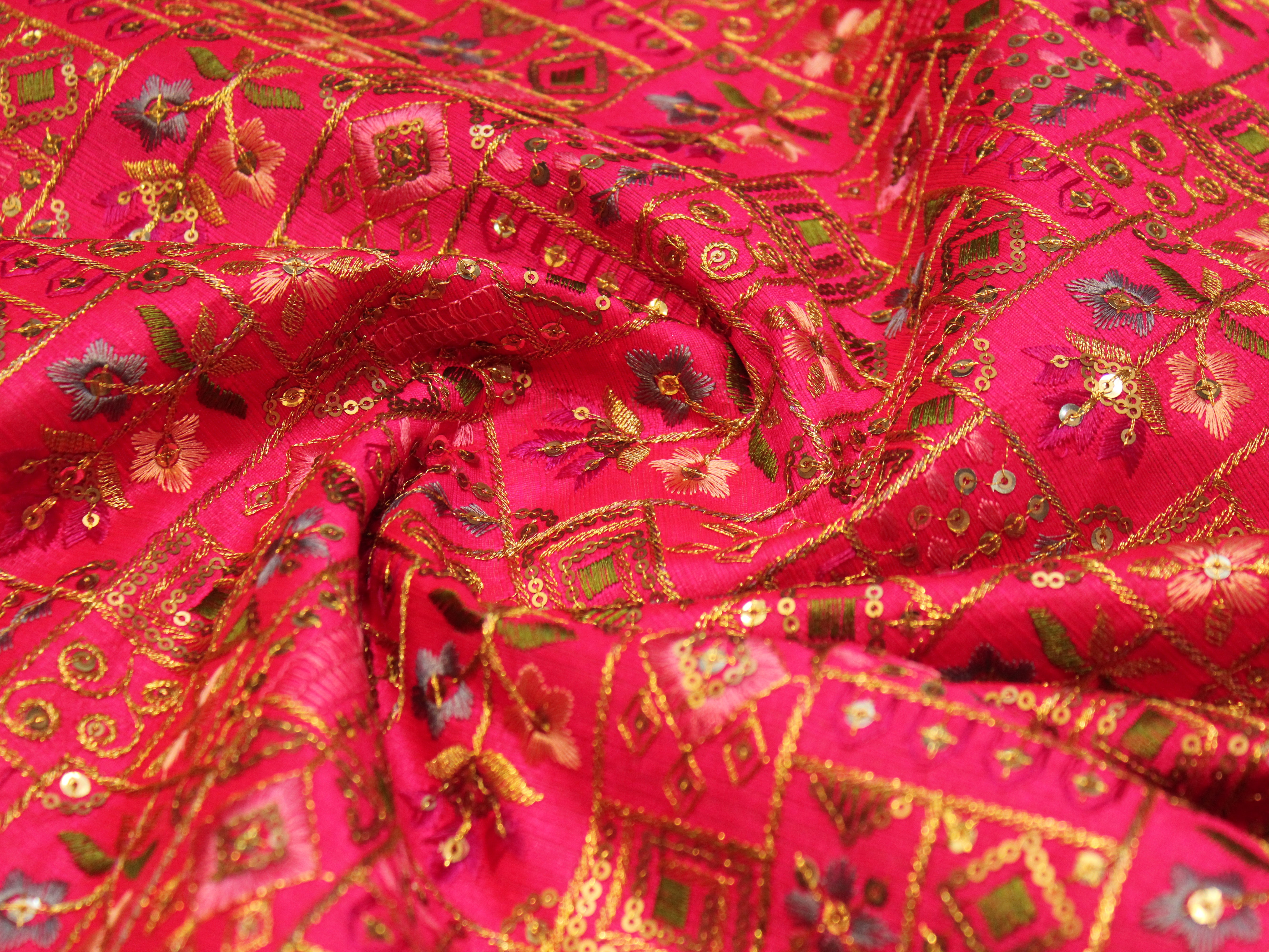 Dupion Silk Multi-Colour Thread Work Fabric - Rani