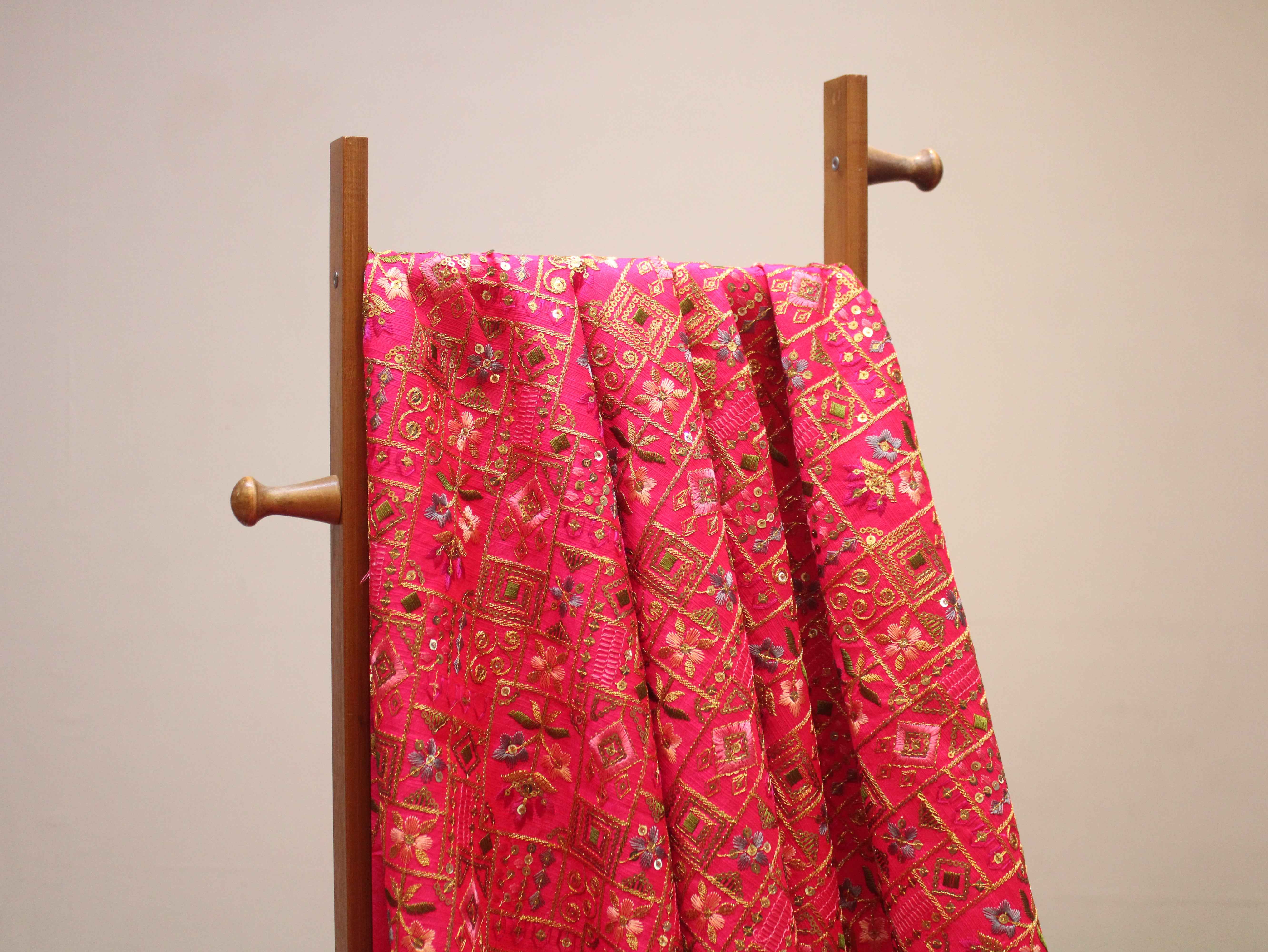 Dupion Silk Multi-Colour Thread Work Fabric - Rani