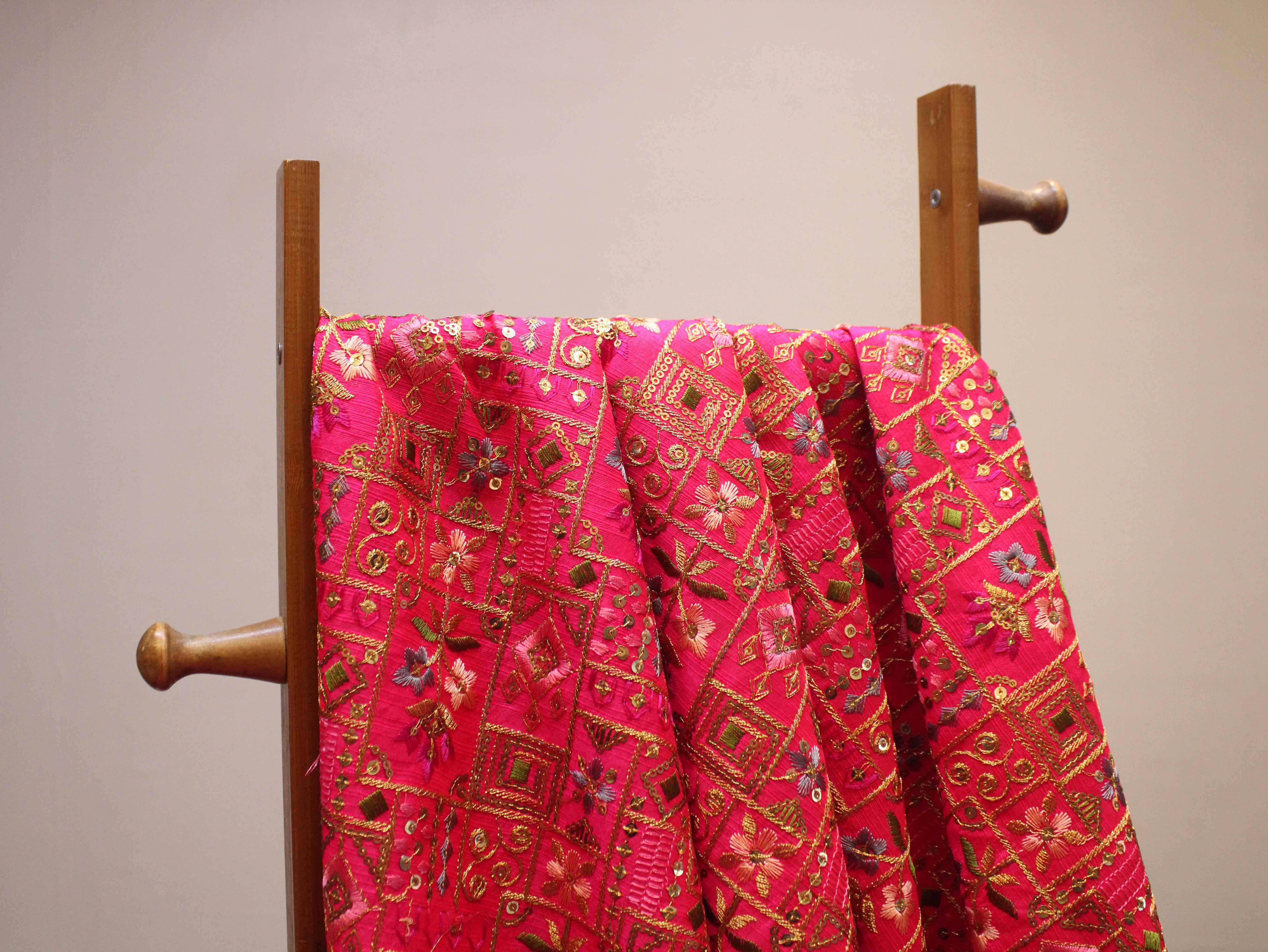 Dupion Silk Multi-Colour Thread Work Fabric - Rani