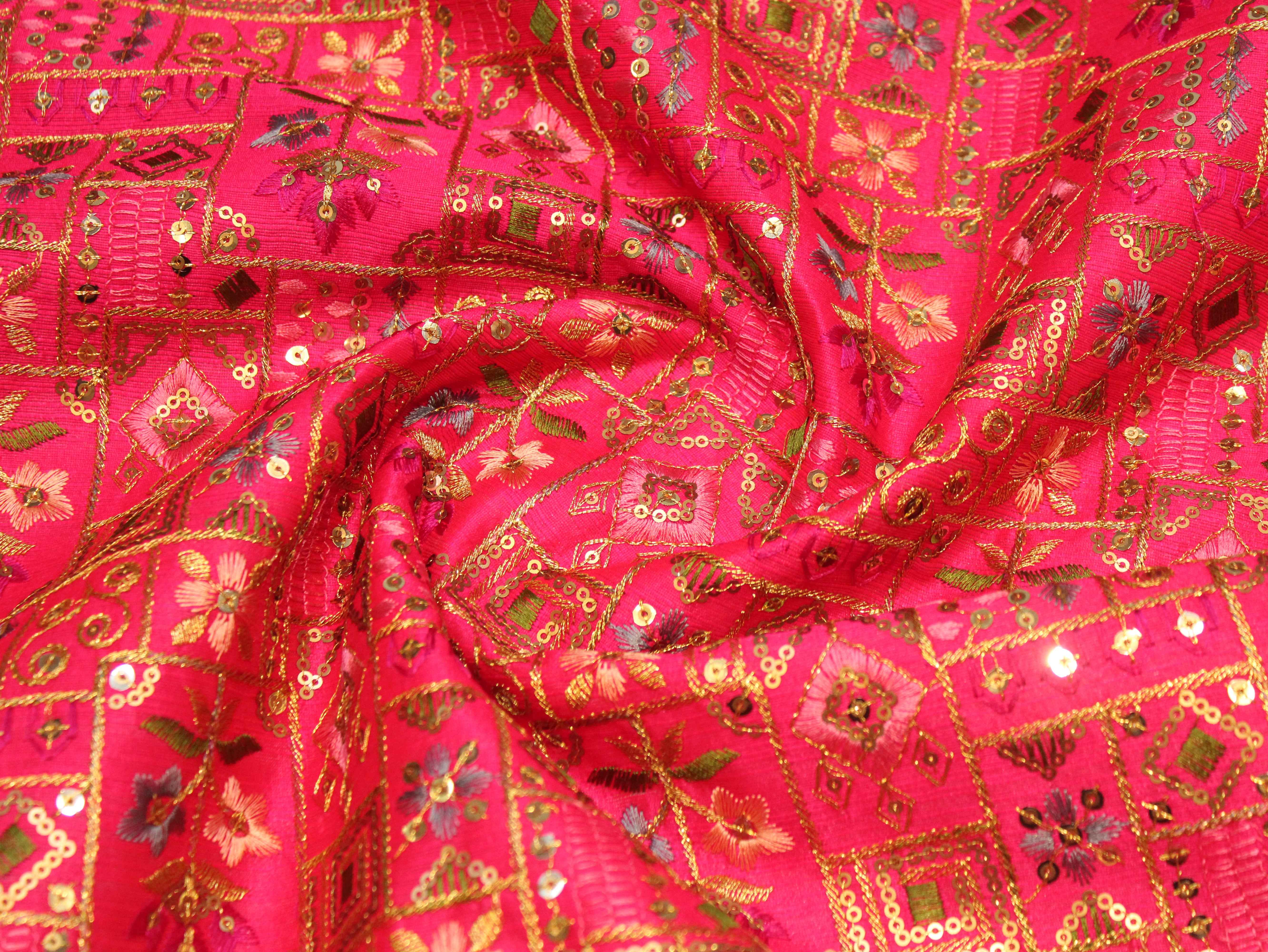Dupion Silk Multi-Colour Thread Work Fabric - Rani
